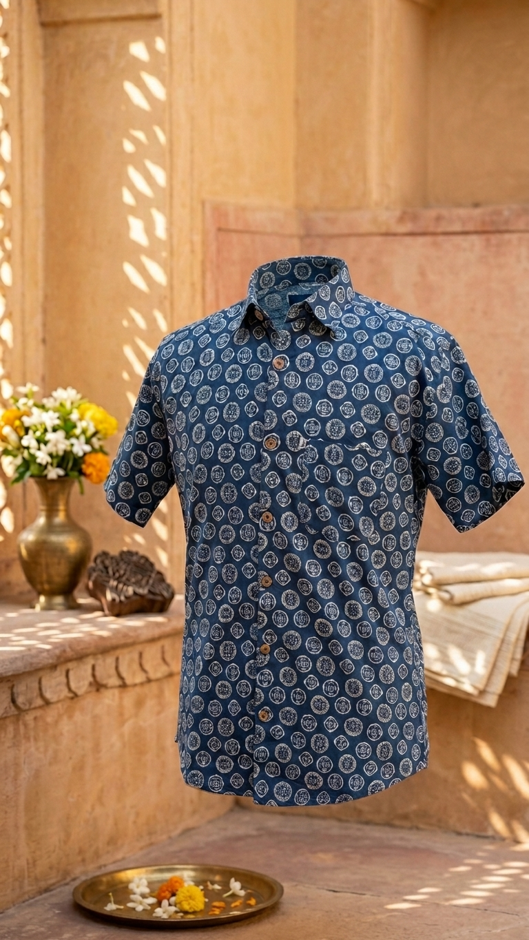 Steel Blue Coin Motif Printed Mens Half Sleeves Cotton Shirt