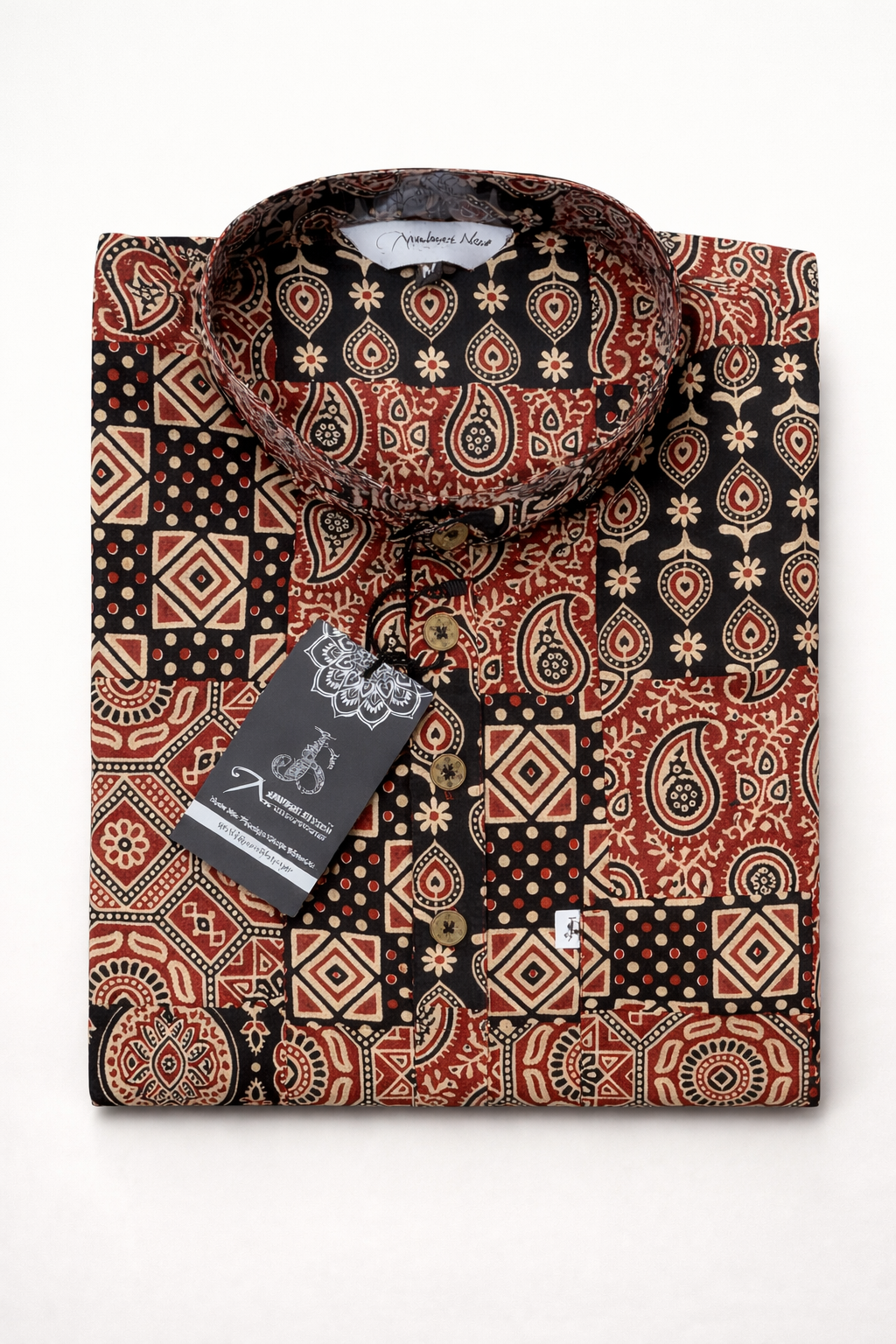Red Black Ajrak Patchwork Printed Full Sleeves Short Kurta for Men