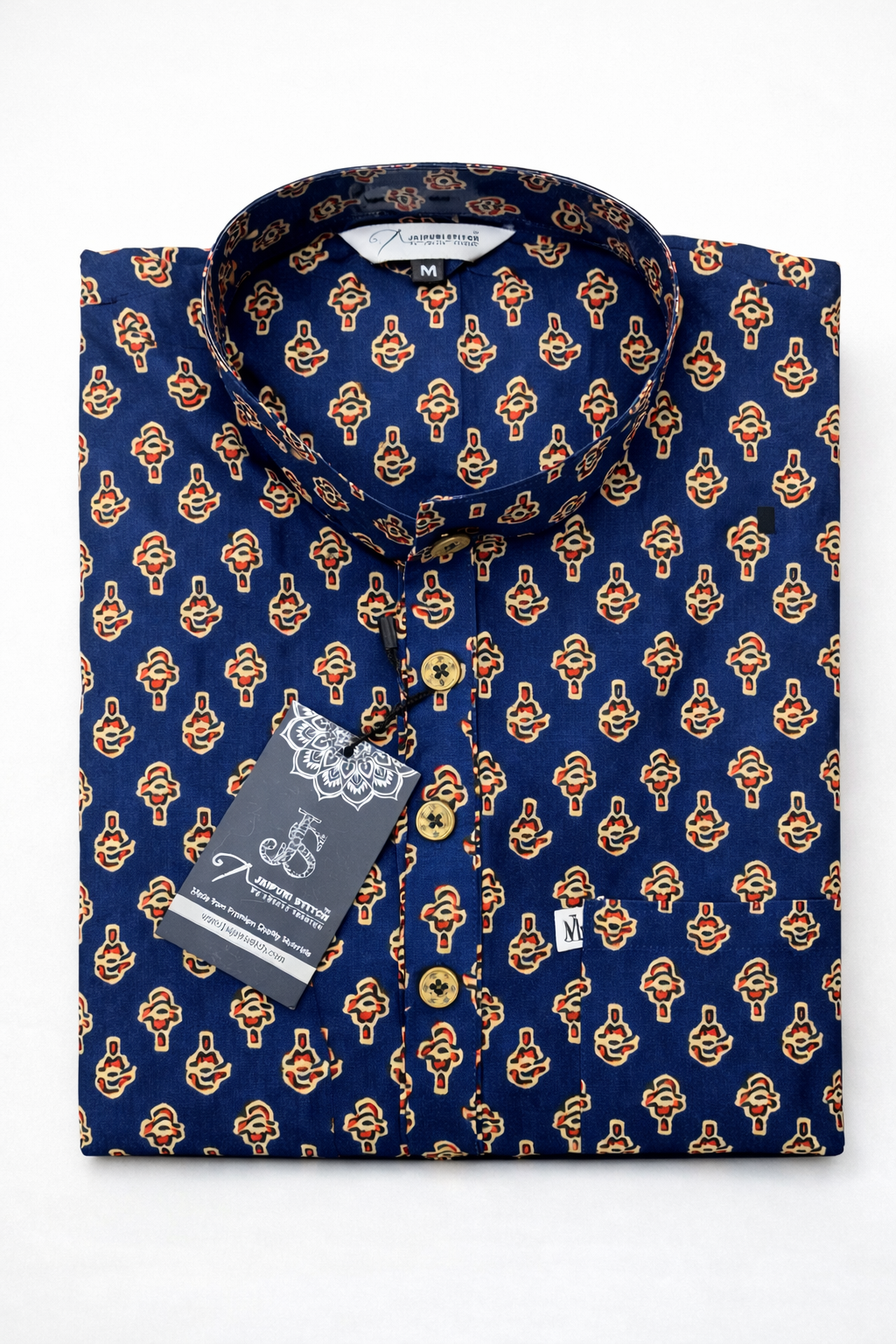 Indigo Red Booti Printed Full Sleeves Short Kurta for Men