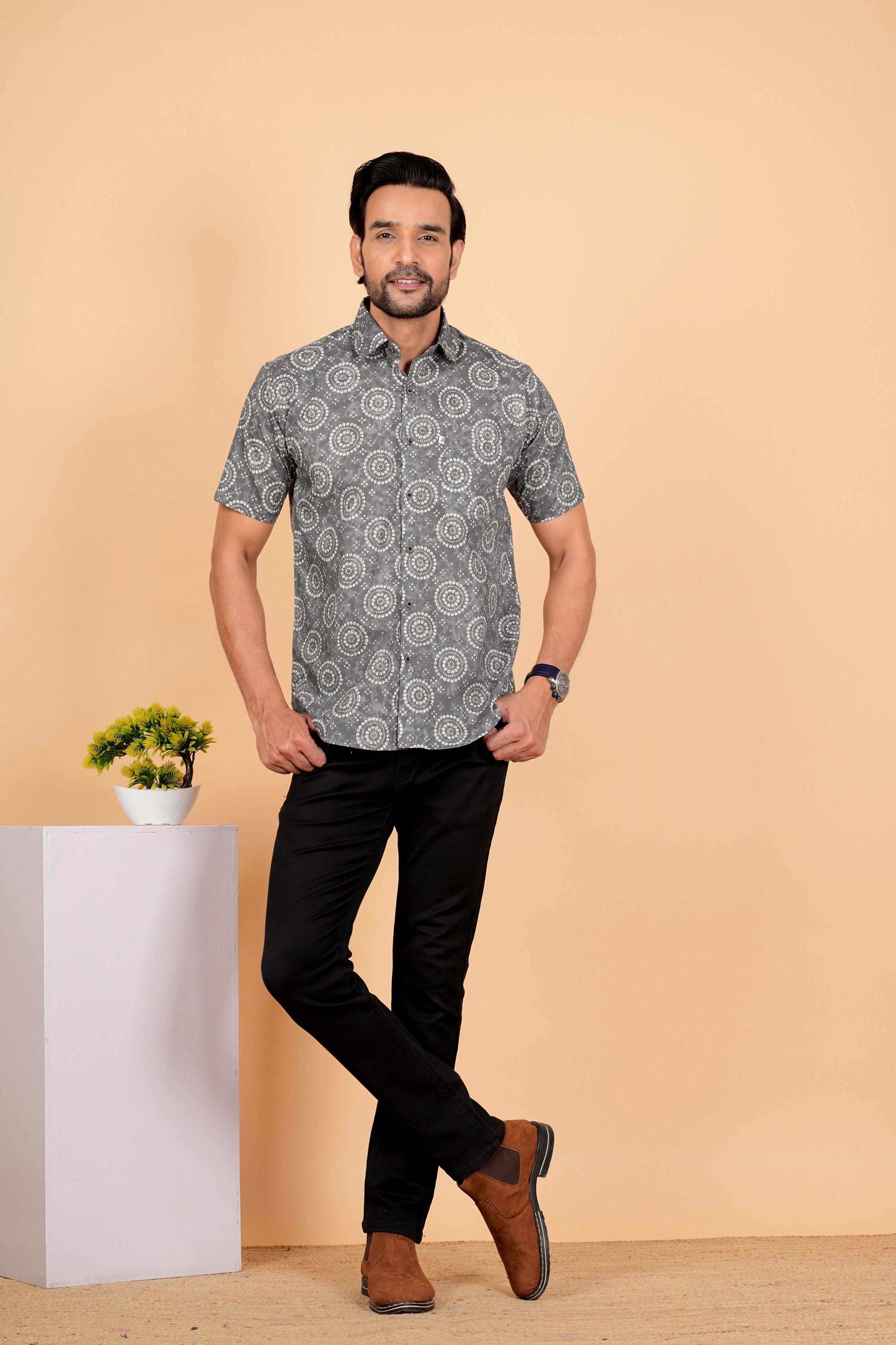 Grey Bhandhej Cotton Half Sleeves Jaipuri Printed Shirt