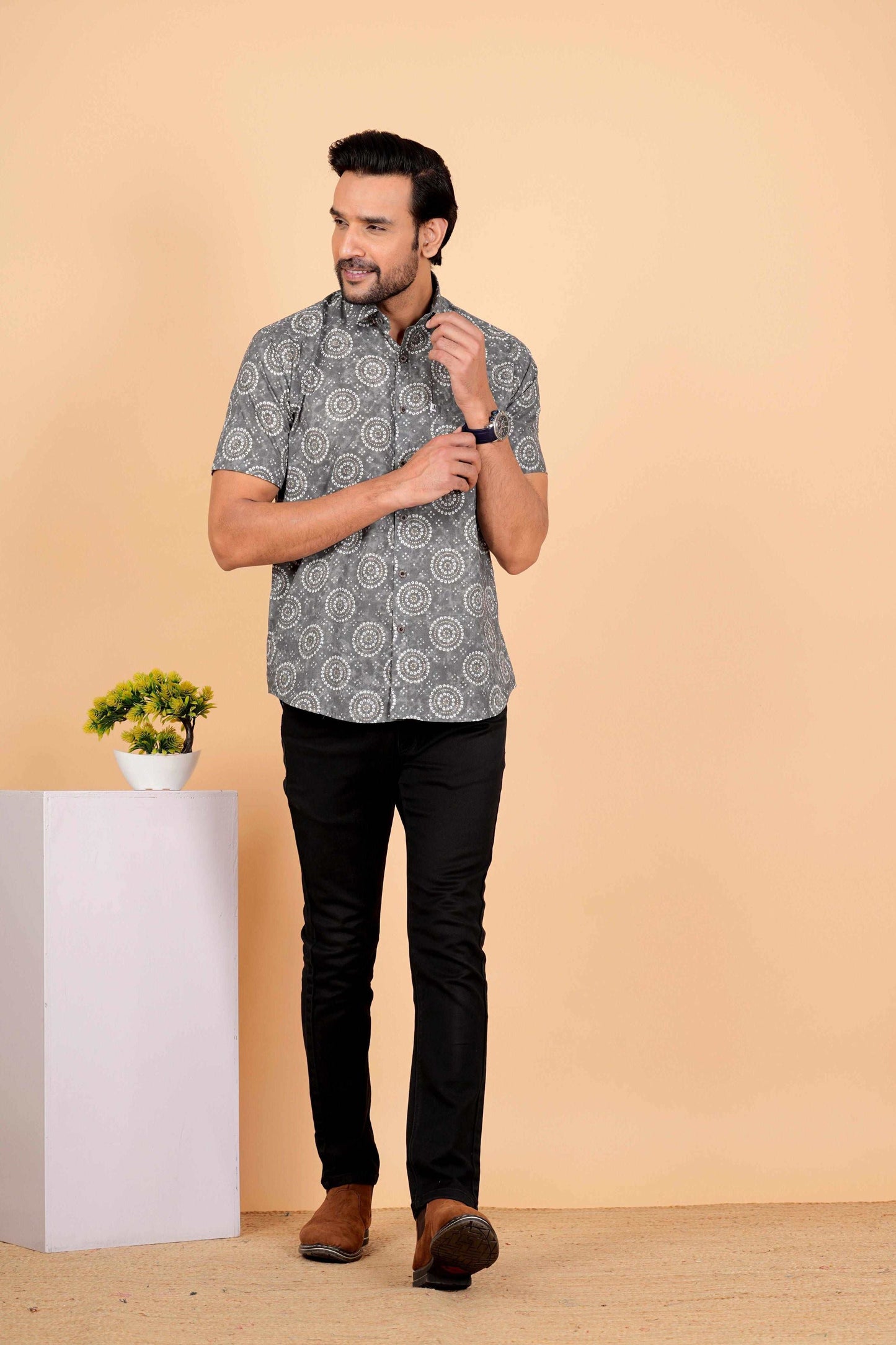 Grey Bhandhej Cotton Half Sleeves Jaipuri Printed Shirt