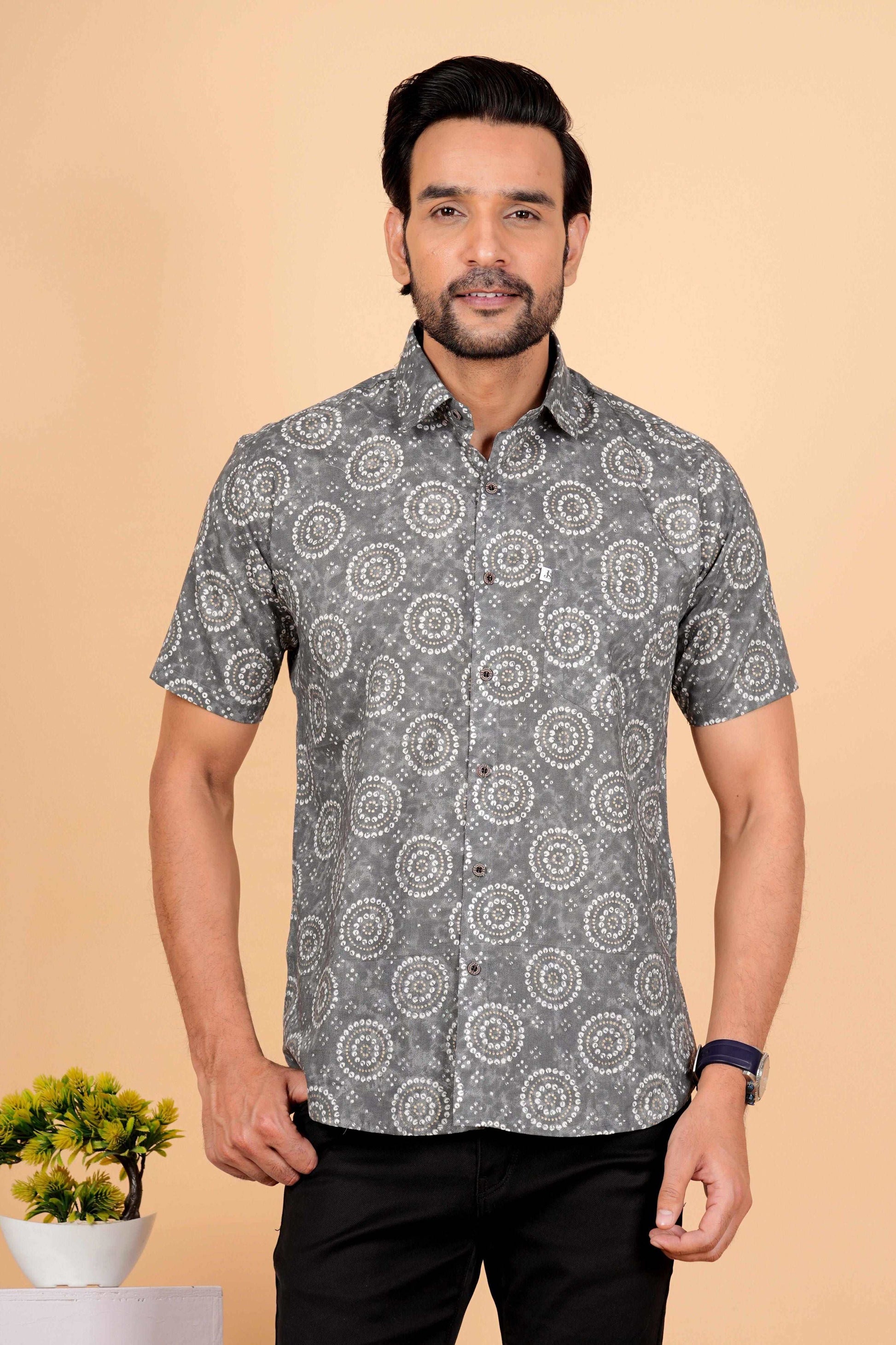 Grey Bhandhej Cotton Half Sleeves Jaipuri Printed Shirt