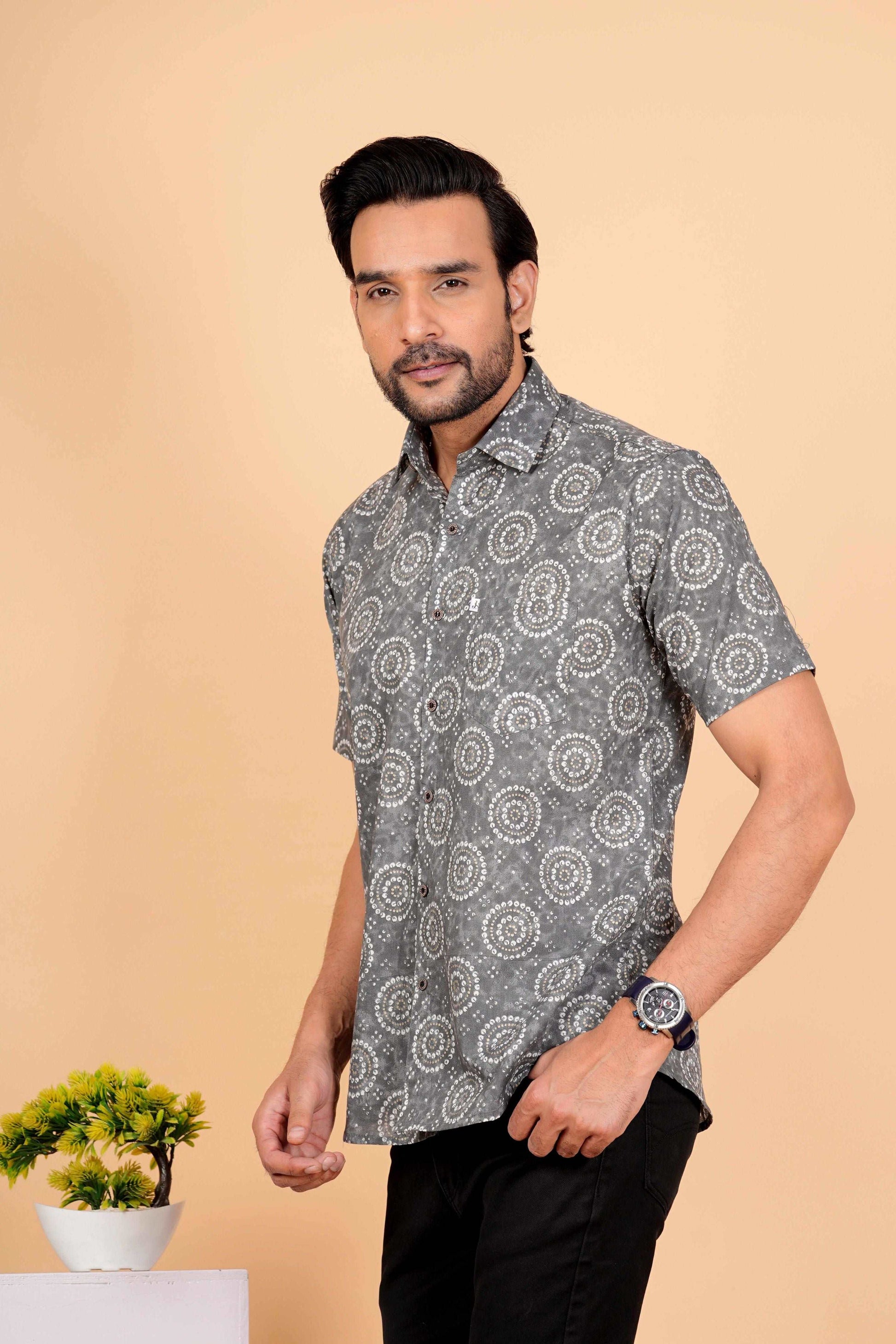 Grey Bhandhej Cotton Half Sleeves Jaipuri Printed Shirt