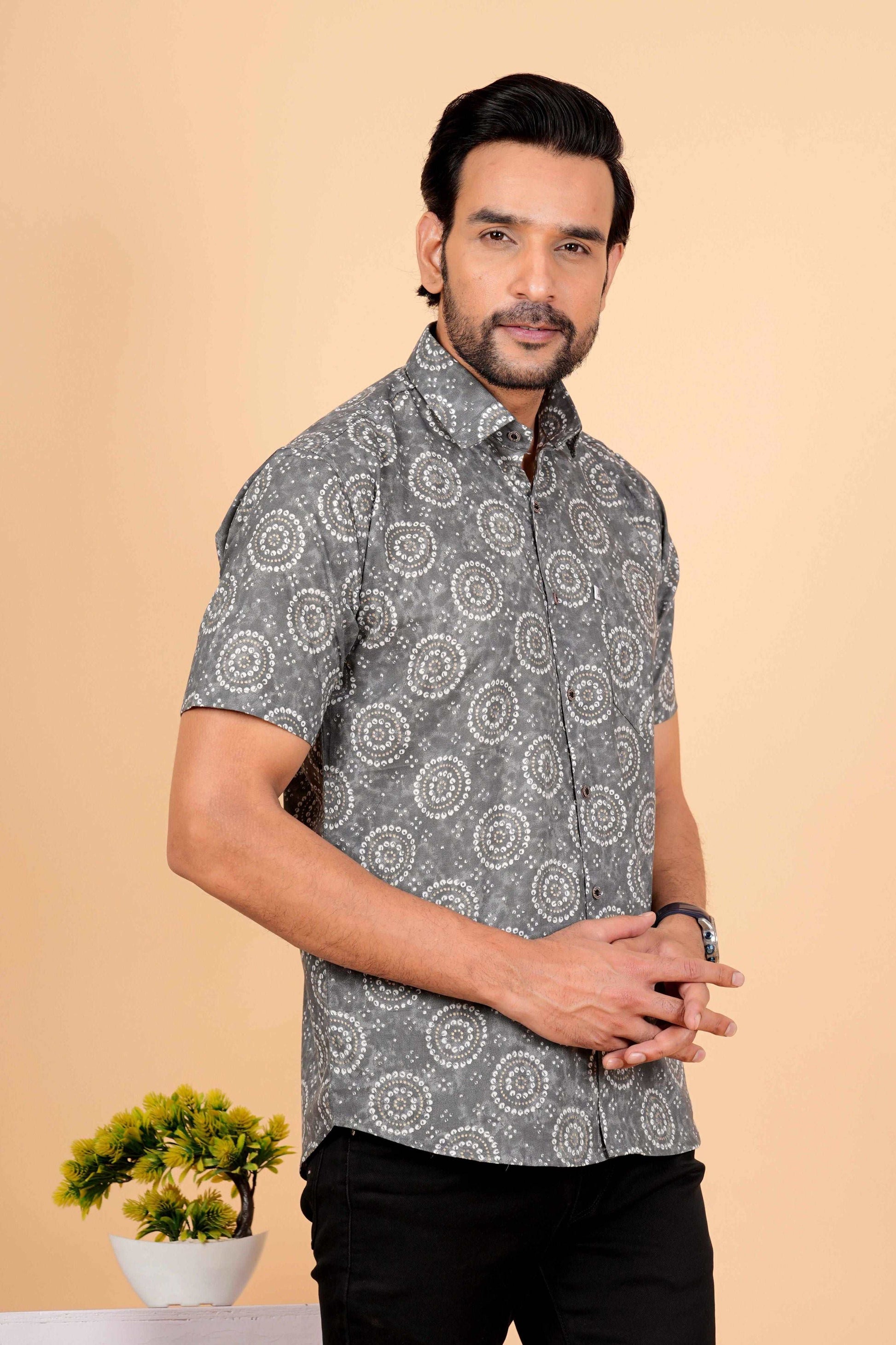 Grey Bhandhej Cotton Half Sleeves Jaipuri Printed Shirt