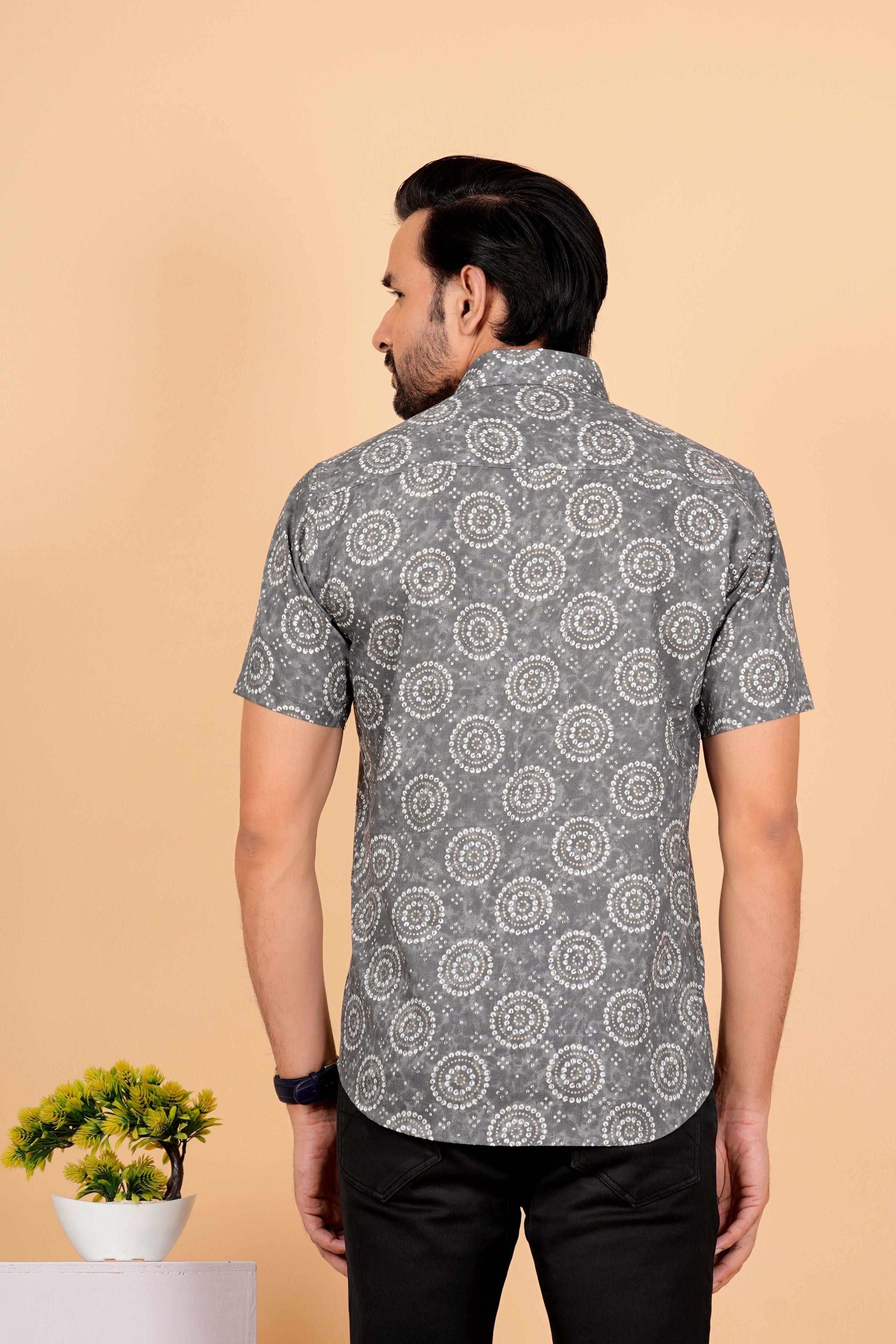 Grey Bhandhej Cotton Half Sleeves Jaipuri Printed Shirt