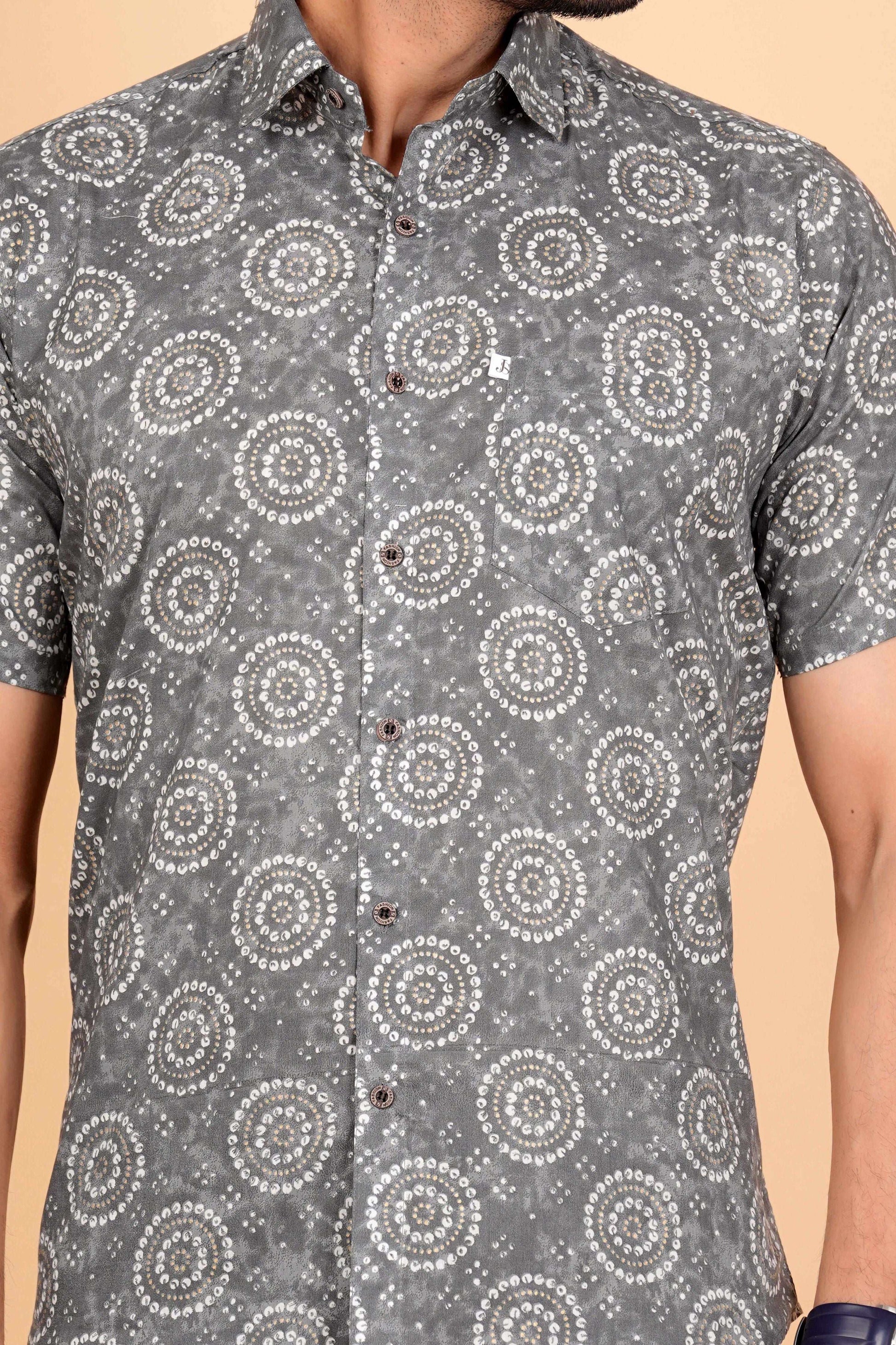 Grey Bhandhej Cotton Half Sleeves Jaipuri Printed Shirt