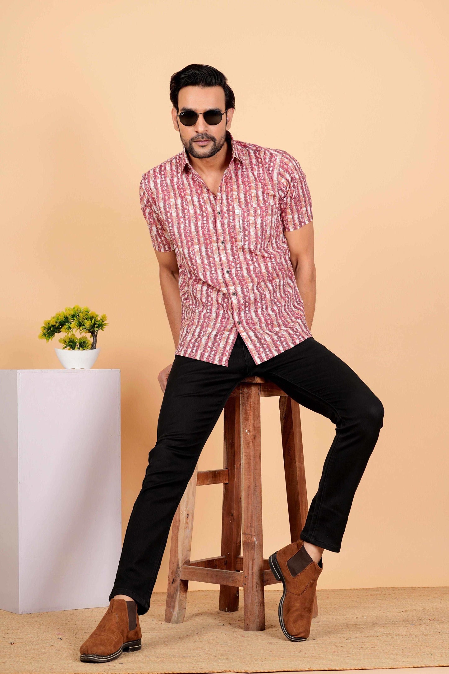 Half Sleeves Cotton Pink Vertical Strips Printed Shirt For Men