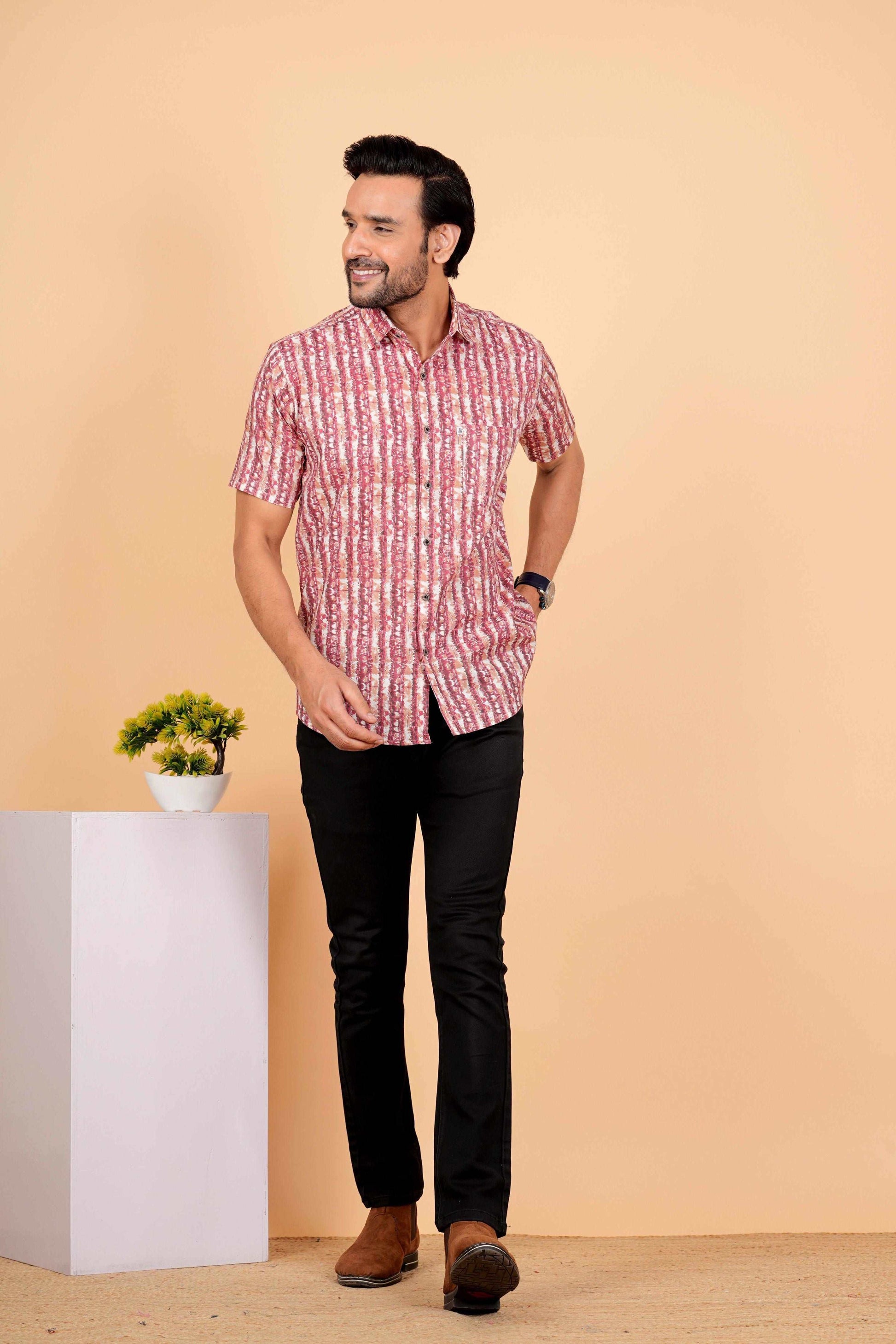 Half Sleeves Cotton Pink Vertical Strips Printed Shirt For Men