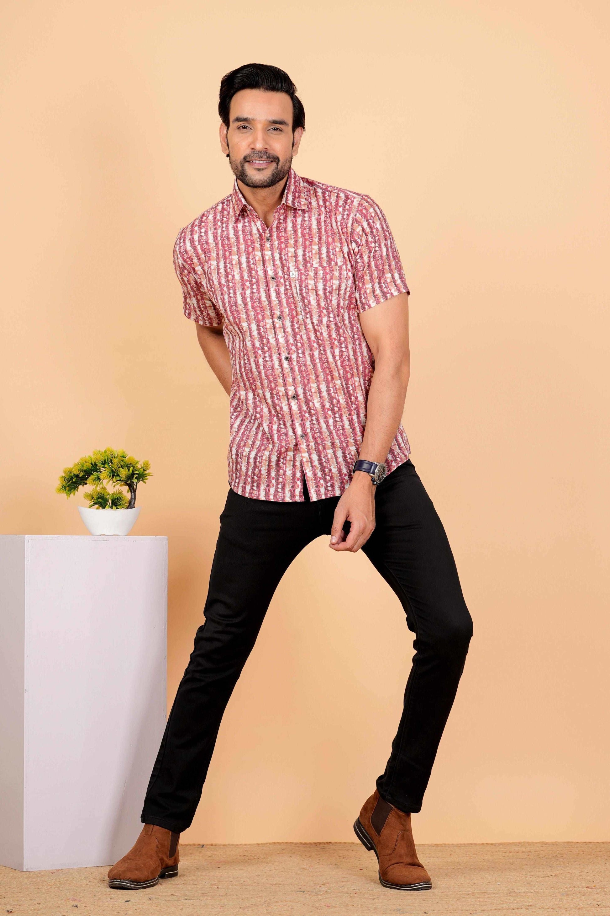 Half Sleeves Cotton Pink Vertical Strips Printed Shirt For Men