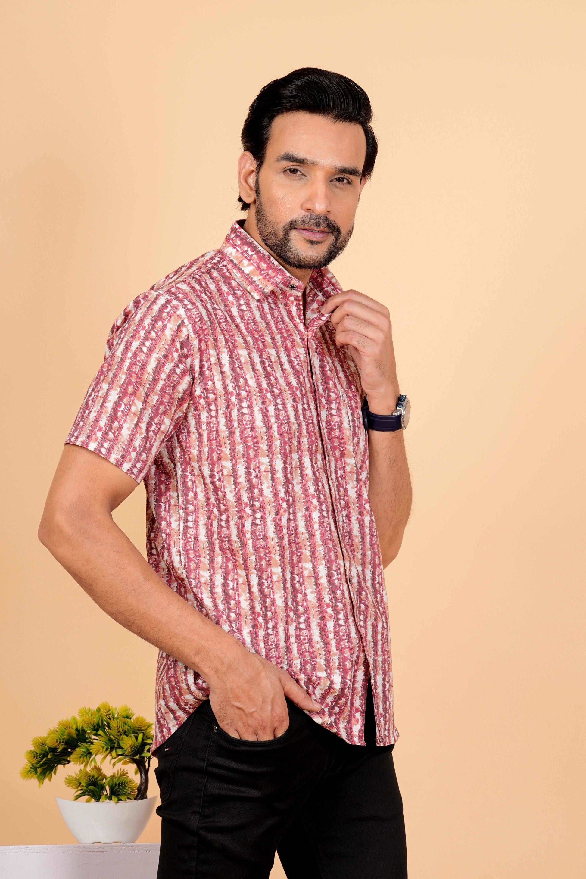 Half Sleeves Cotton Pink Vertical Strips Printed Shirt For Men