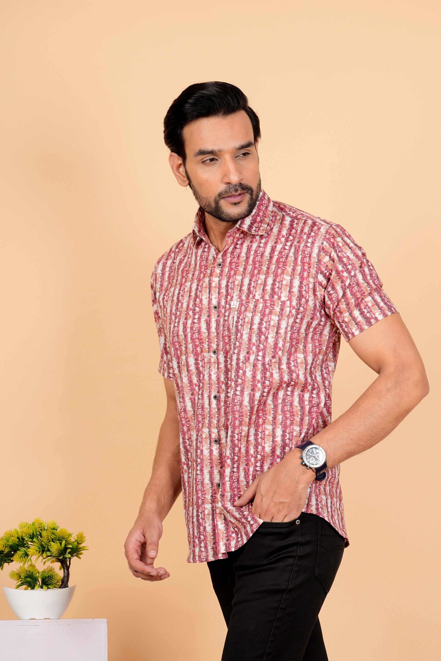 Half Sleeves Cotton Pink Vertical Strips Printed Shirt For Men