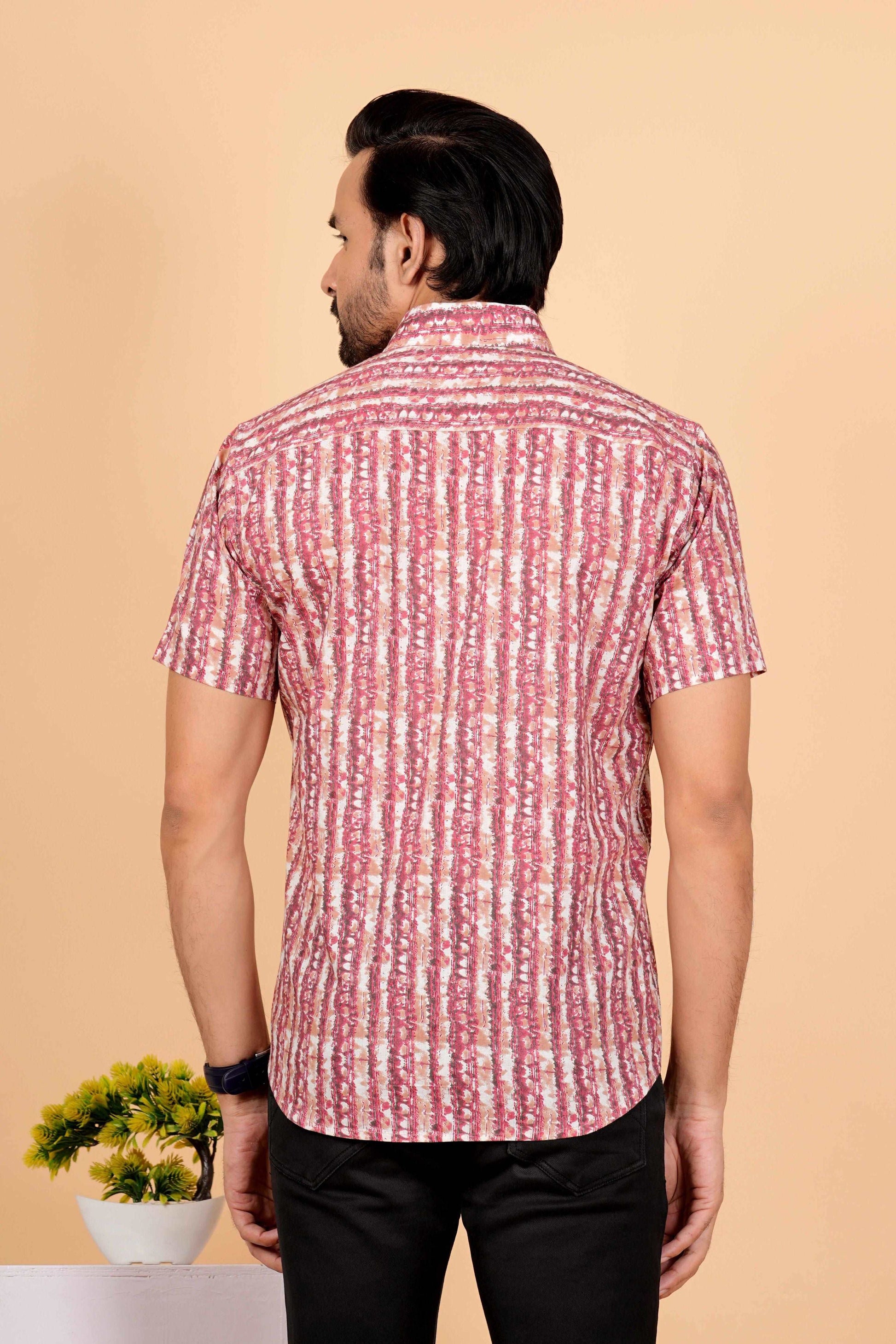 Half Sleeves Cotton Pink Vertical Strips Printed Shirt For Men