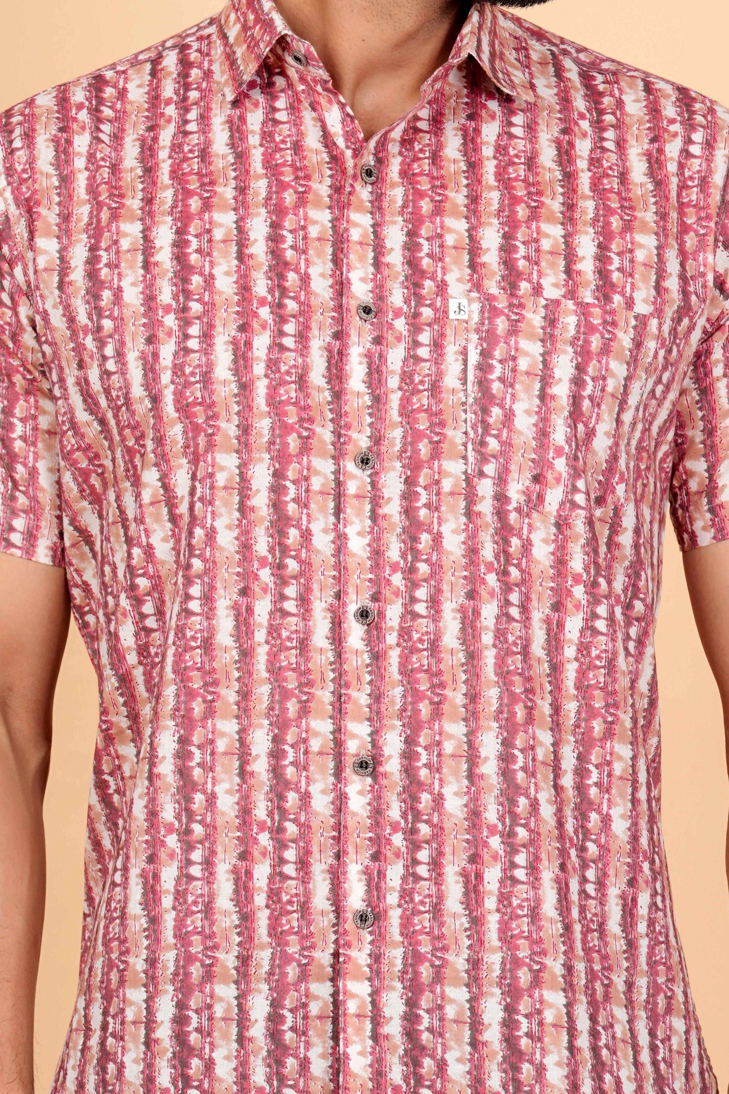 Half Sleeves Cotton Pink Vertical Strips Printed Shirt For Men