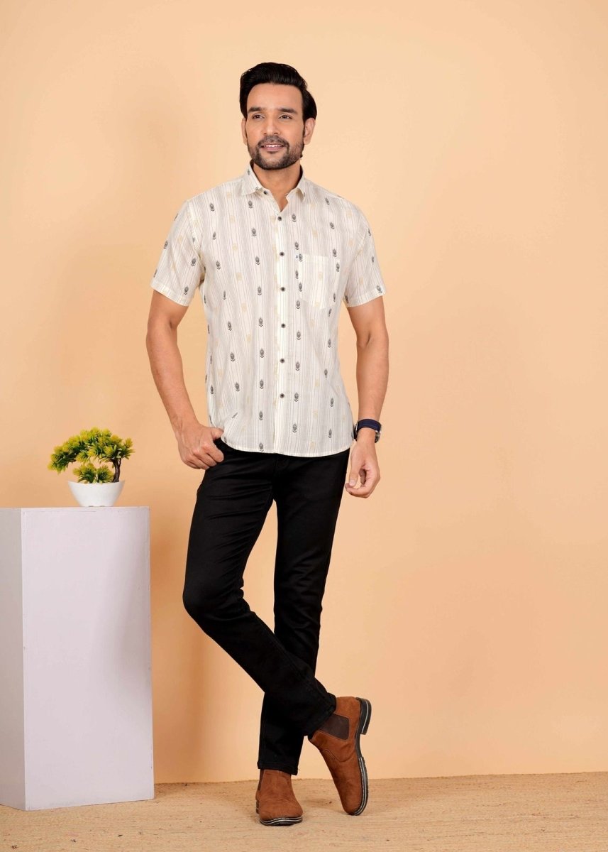 Black and White Strips Block Printed Half Sleeves Shirts for Men's