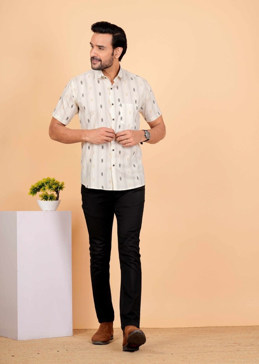 Black and White Strips Block Printed Half Sleeves Shirts for Men's