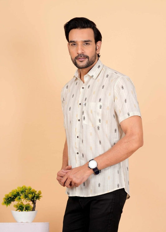 Black and White Strips Block Printed Half Sleeves Shirts for Men's