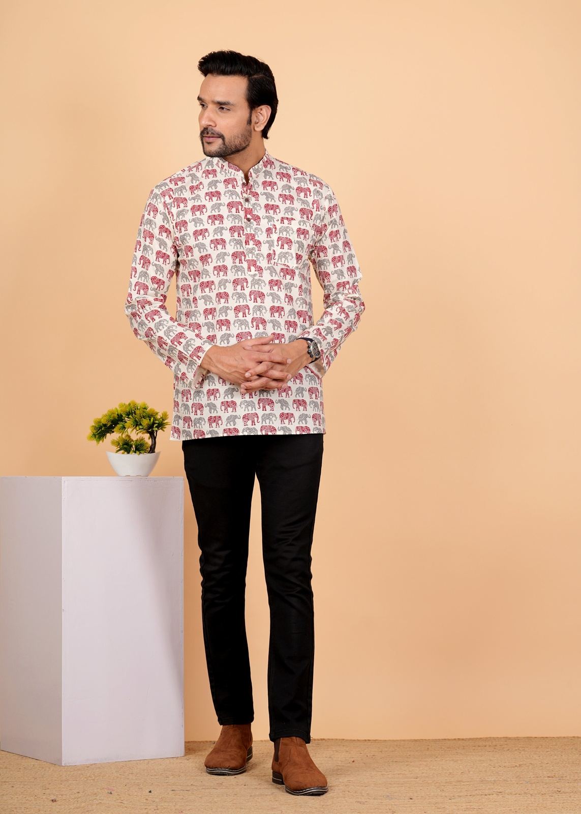 Grey and Red Elephant Printed Short Kurta For Men