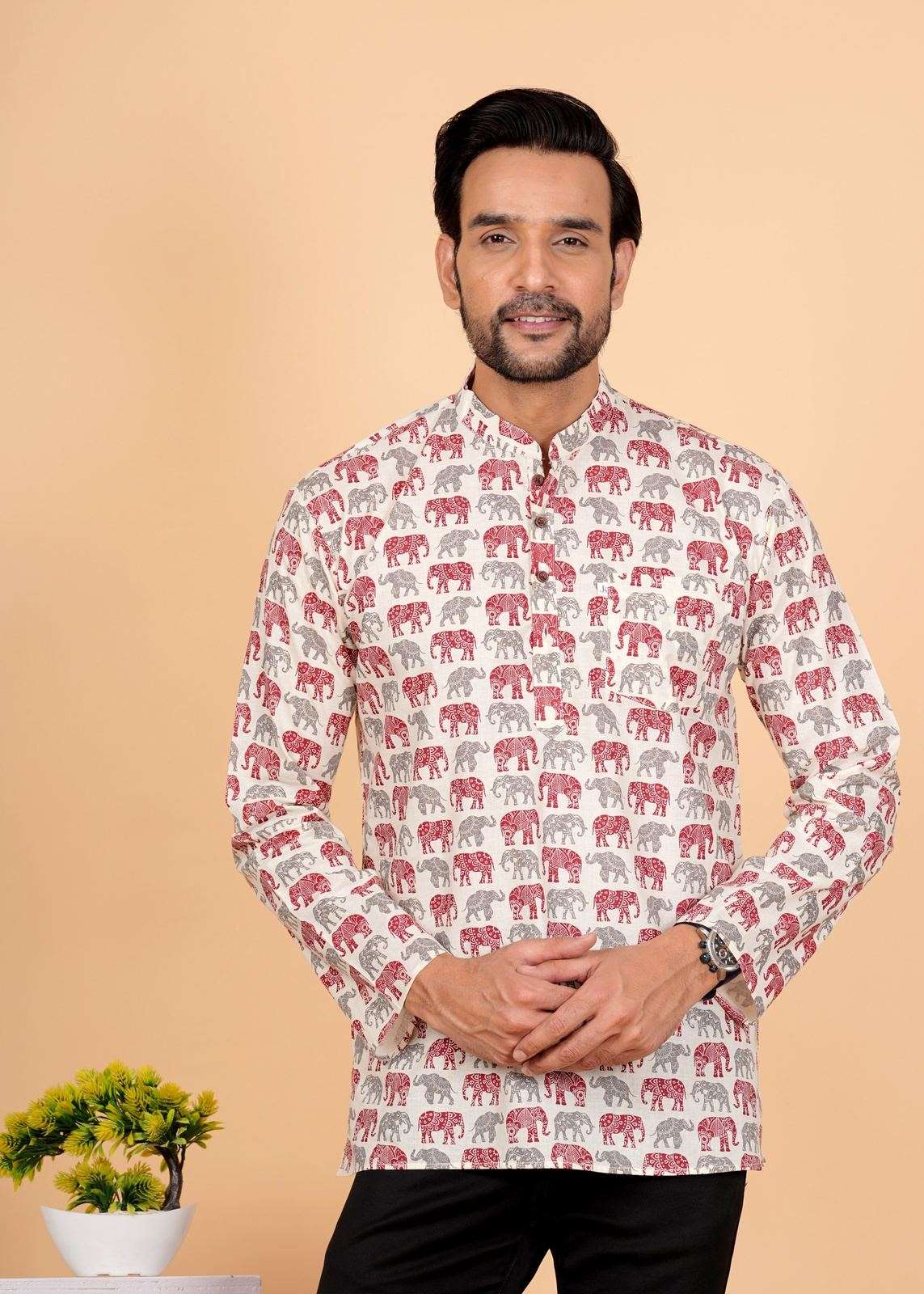 Grey and Red Elephant Printed Short Kurta For Men