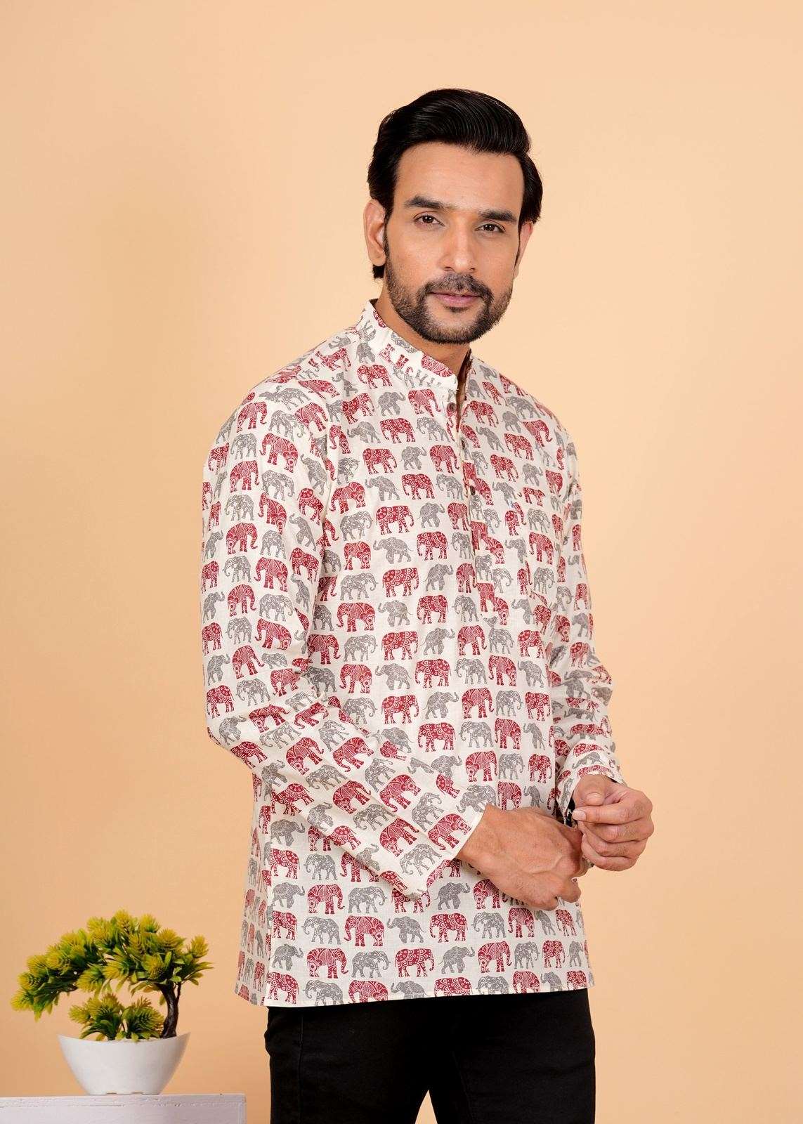 Grey and Red Elephant Printed Short Kurta For Men