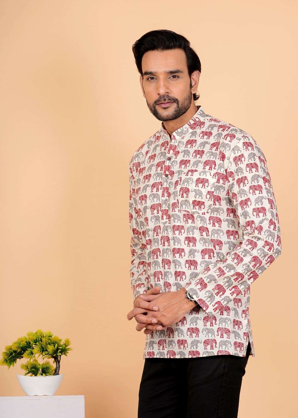 Grey and Red Elephant Printed Short Kurta For Men