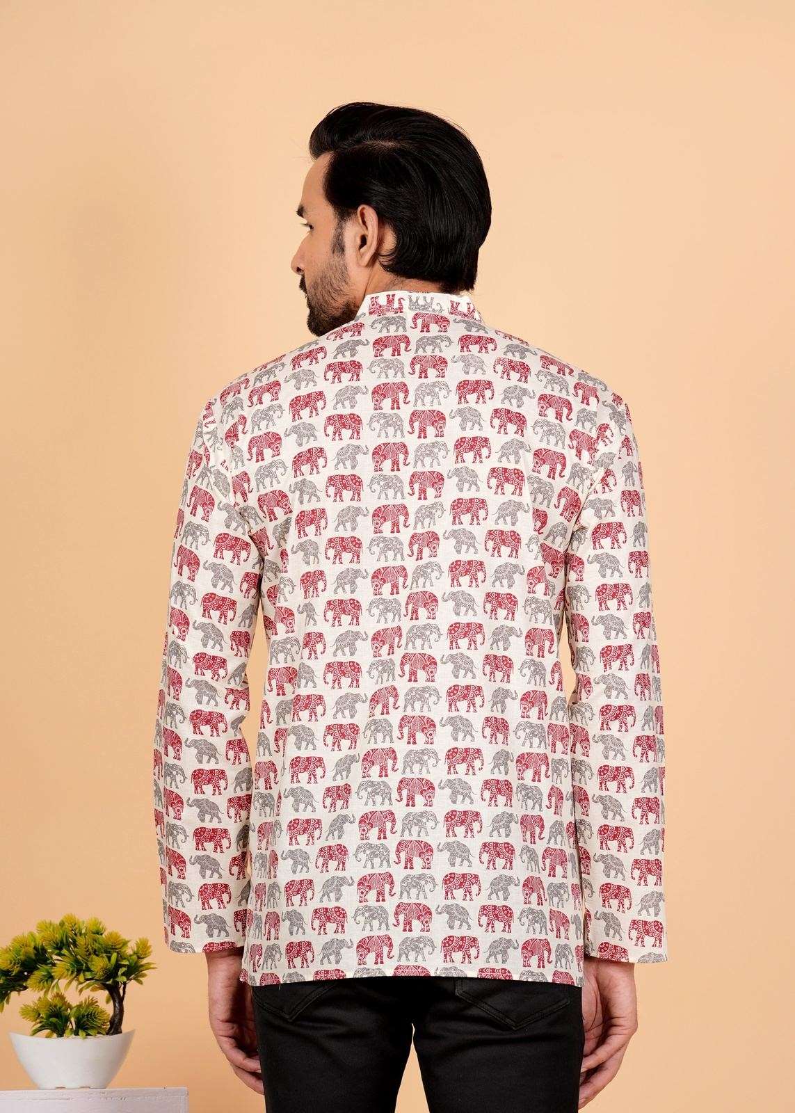 Grey and Red Elephant Printed Short Kurta For Men