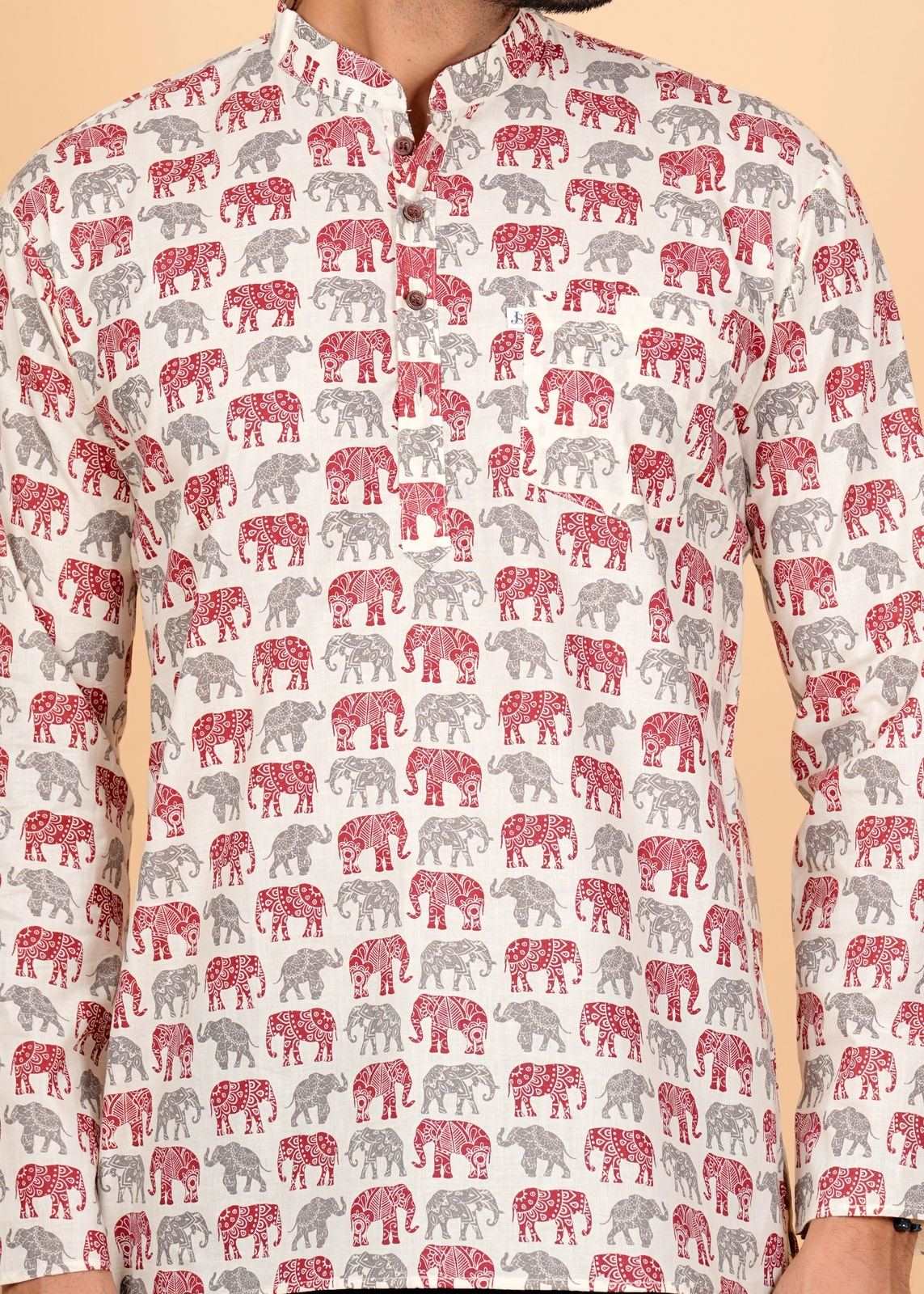 Grey and Red Elephant Printed Short Kurta For Men