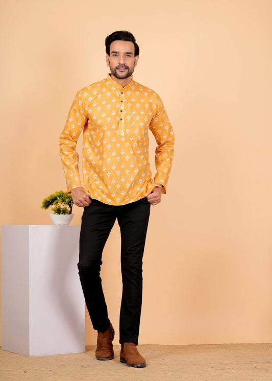 Block Printed Mustard Yellow Short Kurta For Men