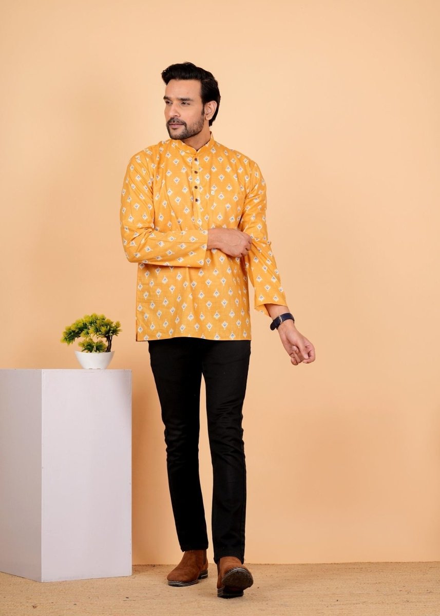 Block Printed Mustard Yellow Short Kurta For Men