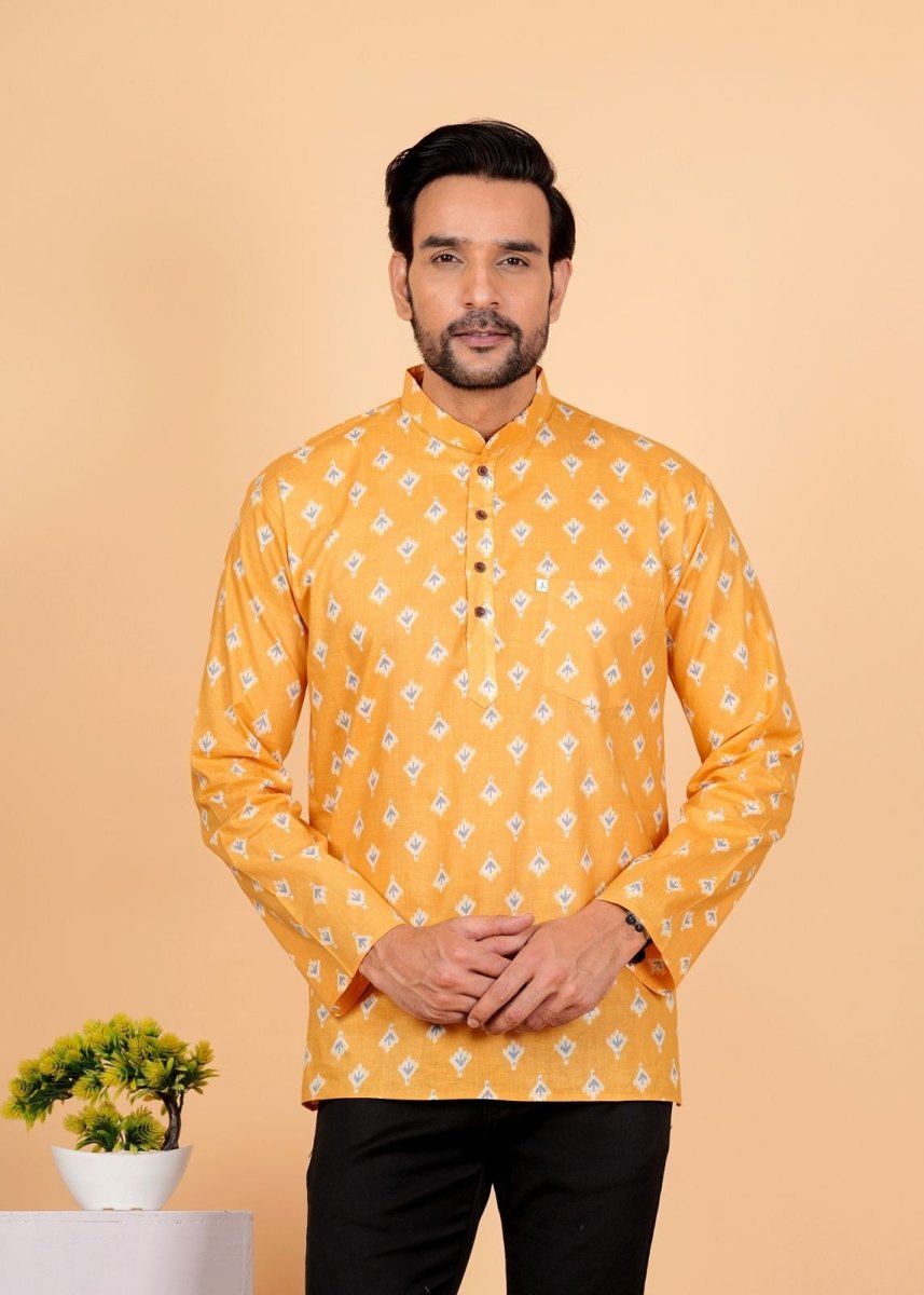 Block Printed Mustard Yellow Short Kurta For Men