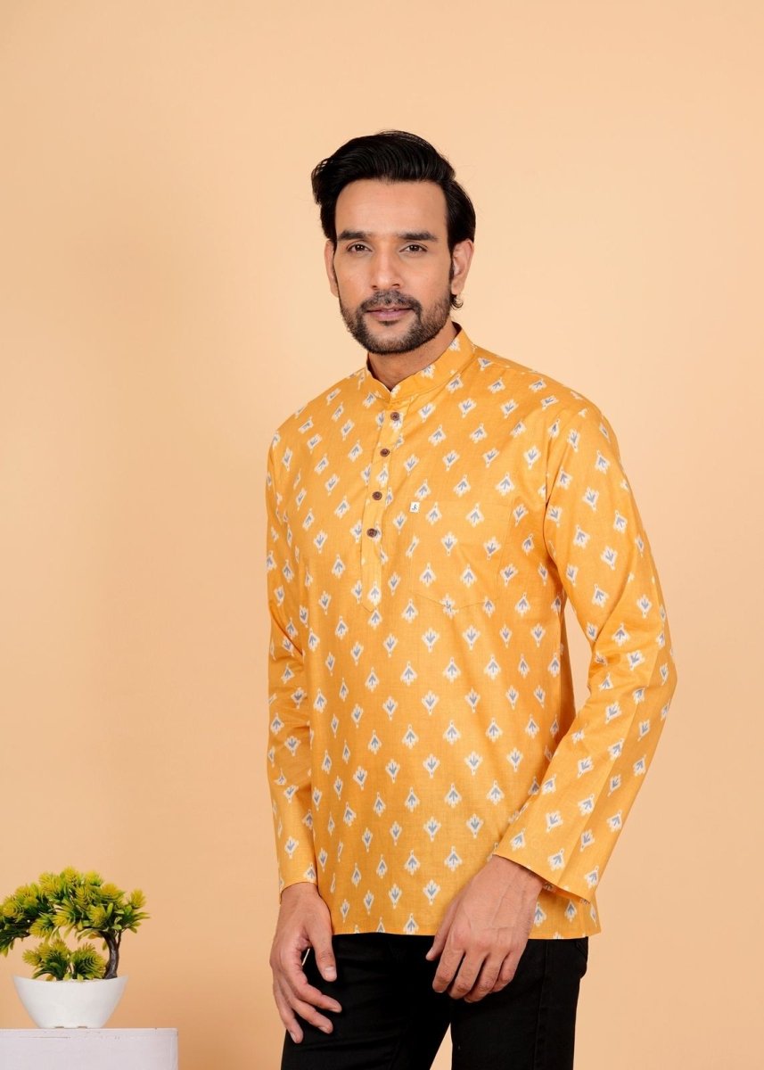 Block Printed Mustard Yellow Short Kurta For Men