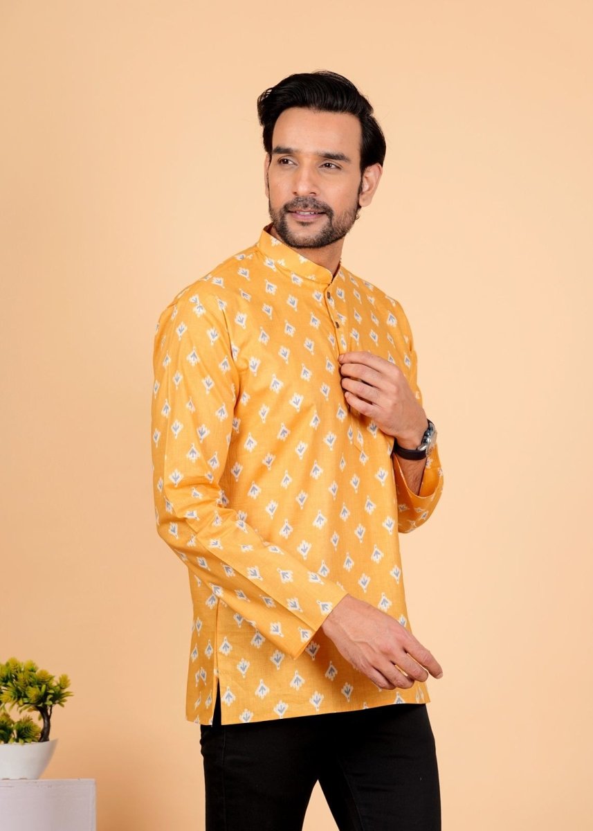 Block Printed Mustard Yellow Short Kurta For Men