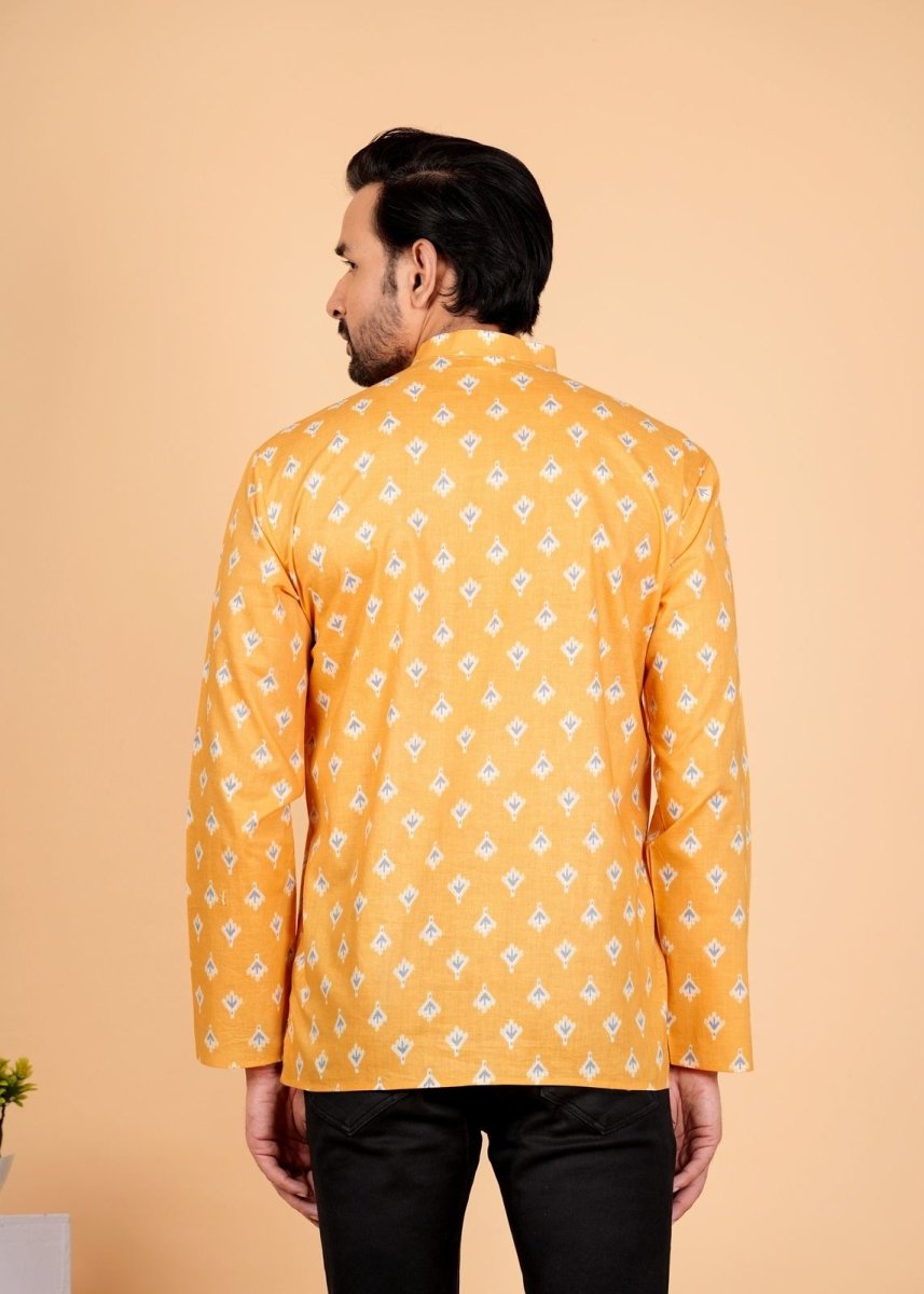 Block Printed Mustard Yellow Short Kurta For Men