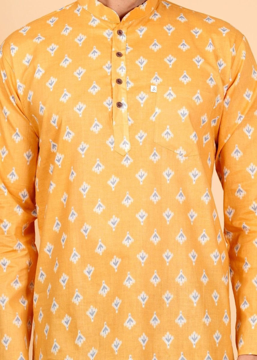 Block Printed Mustard Yellow Short Kurta For Men