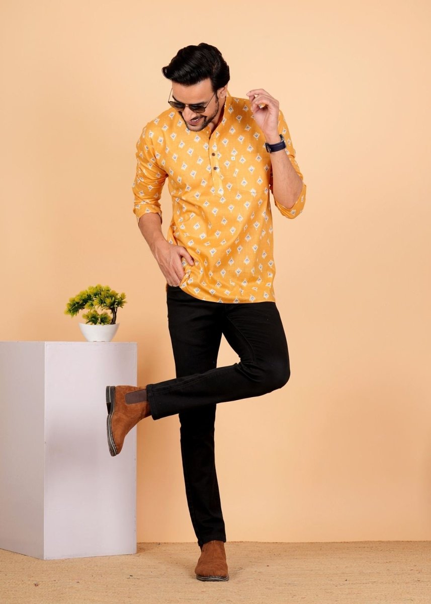 Block Printed Mustard Yellow Short Kurta For Men