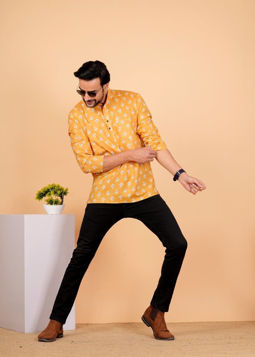 Block Printed Mustard Yellow Short Kurta For Men