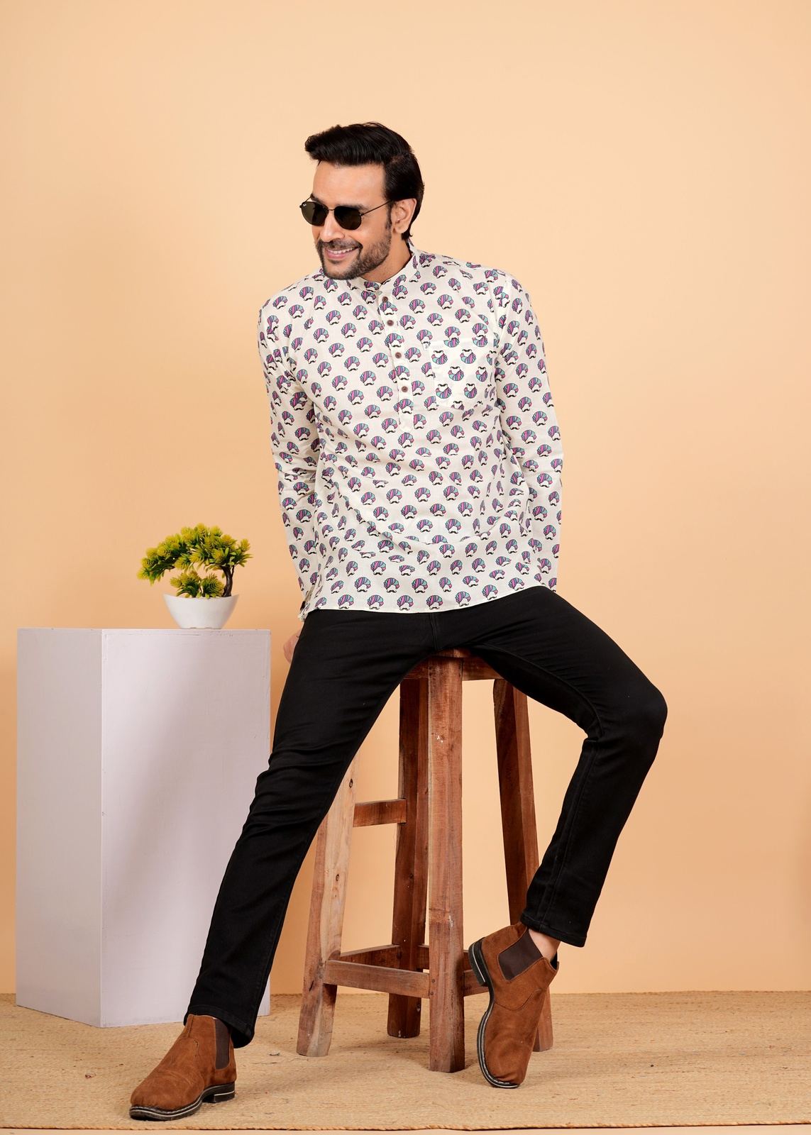 Sanganeri Pagdi Printed Mens Short Kurtas