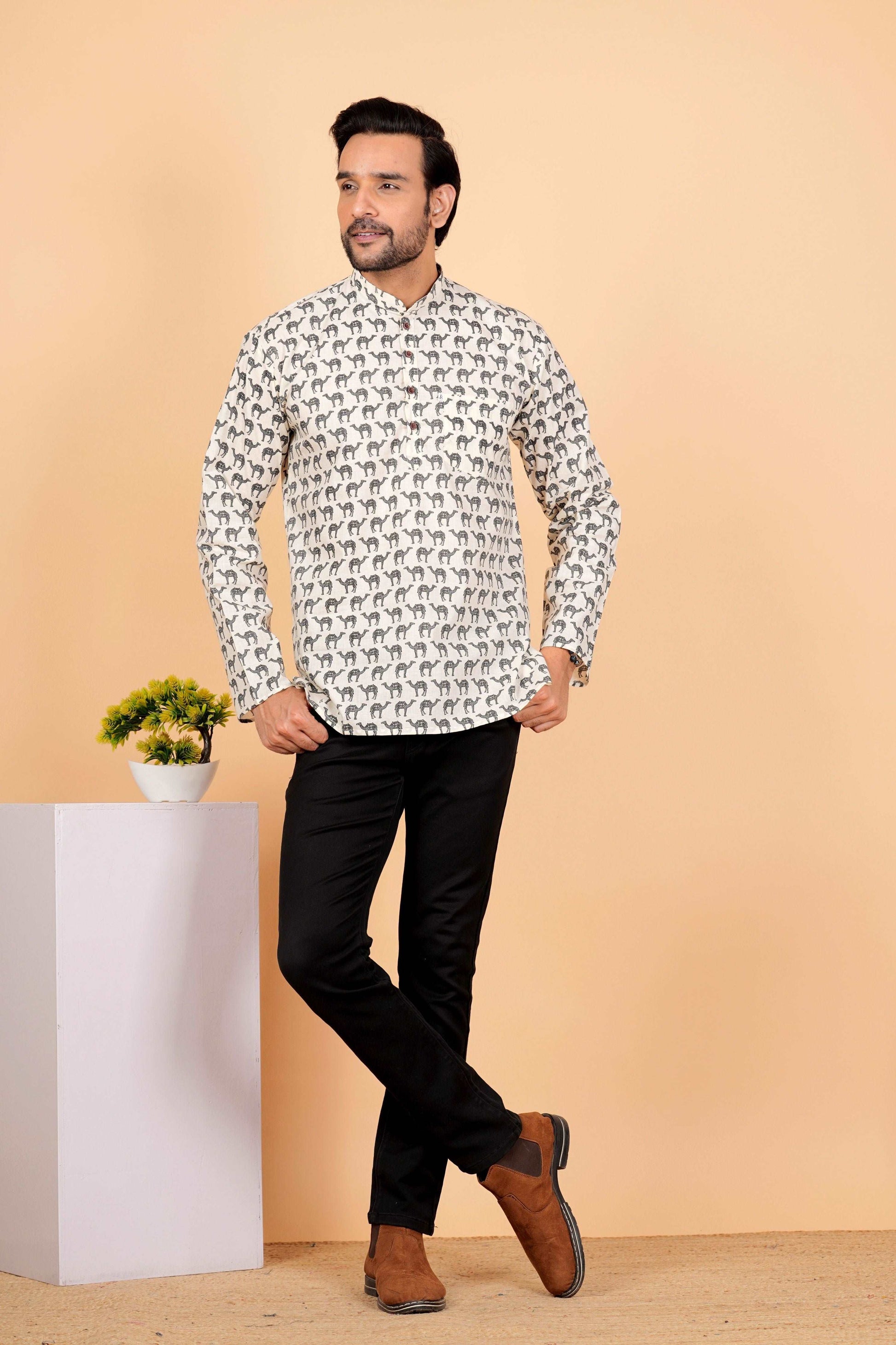 Grey Camel Printed Short Kurta For Men