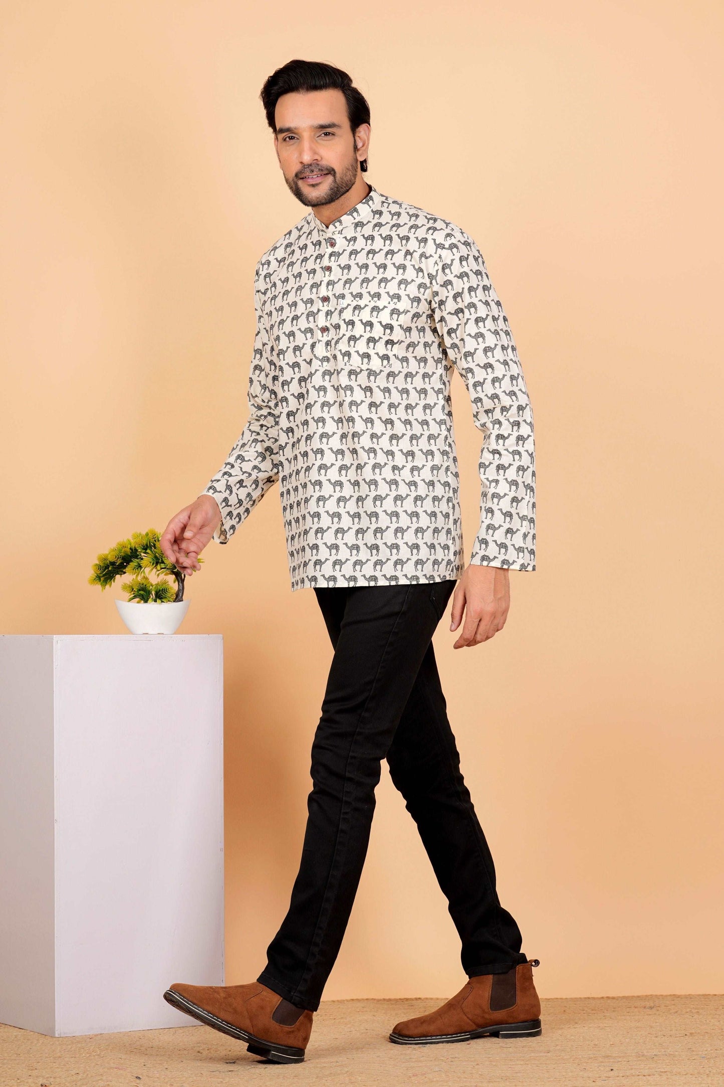 Grey Camel Printed Short Kurta For Men