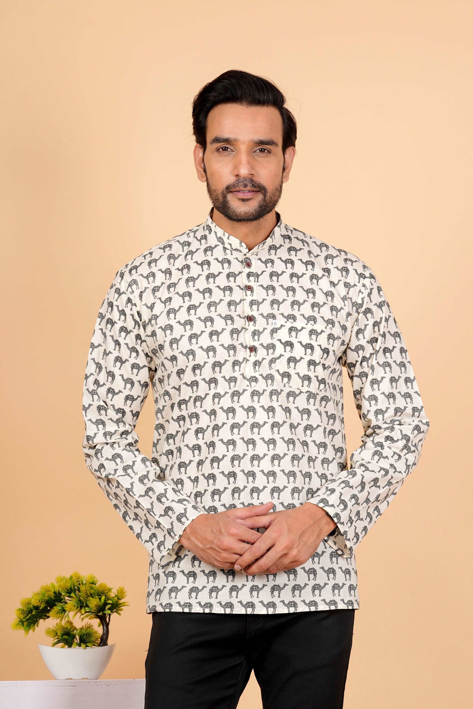 Grey Camel Printed Short Kurta For Men