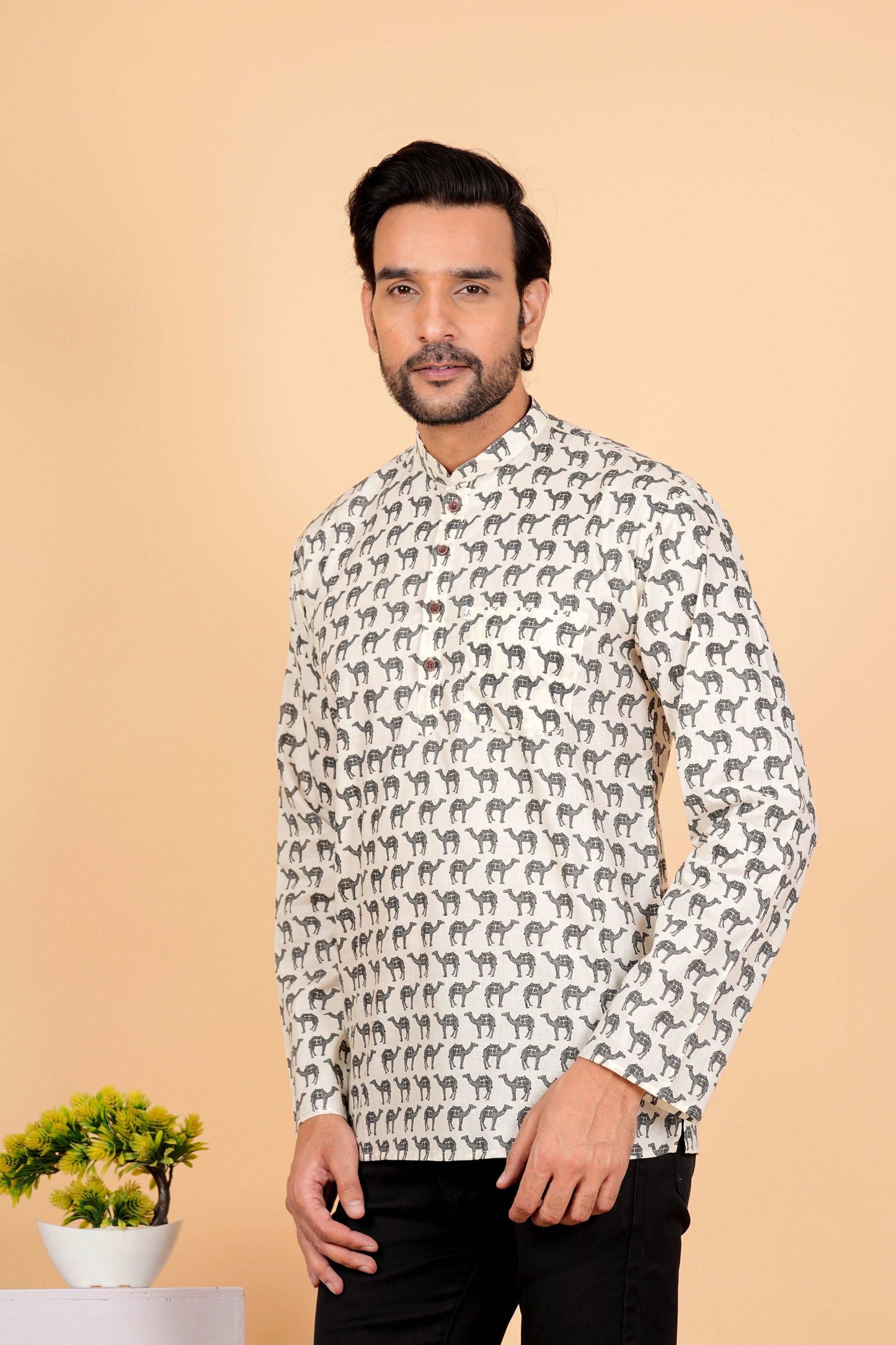 Grey Camel Printed Short Kurta For Men