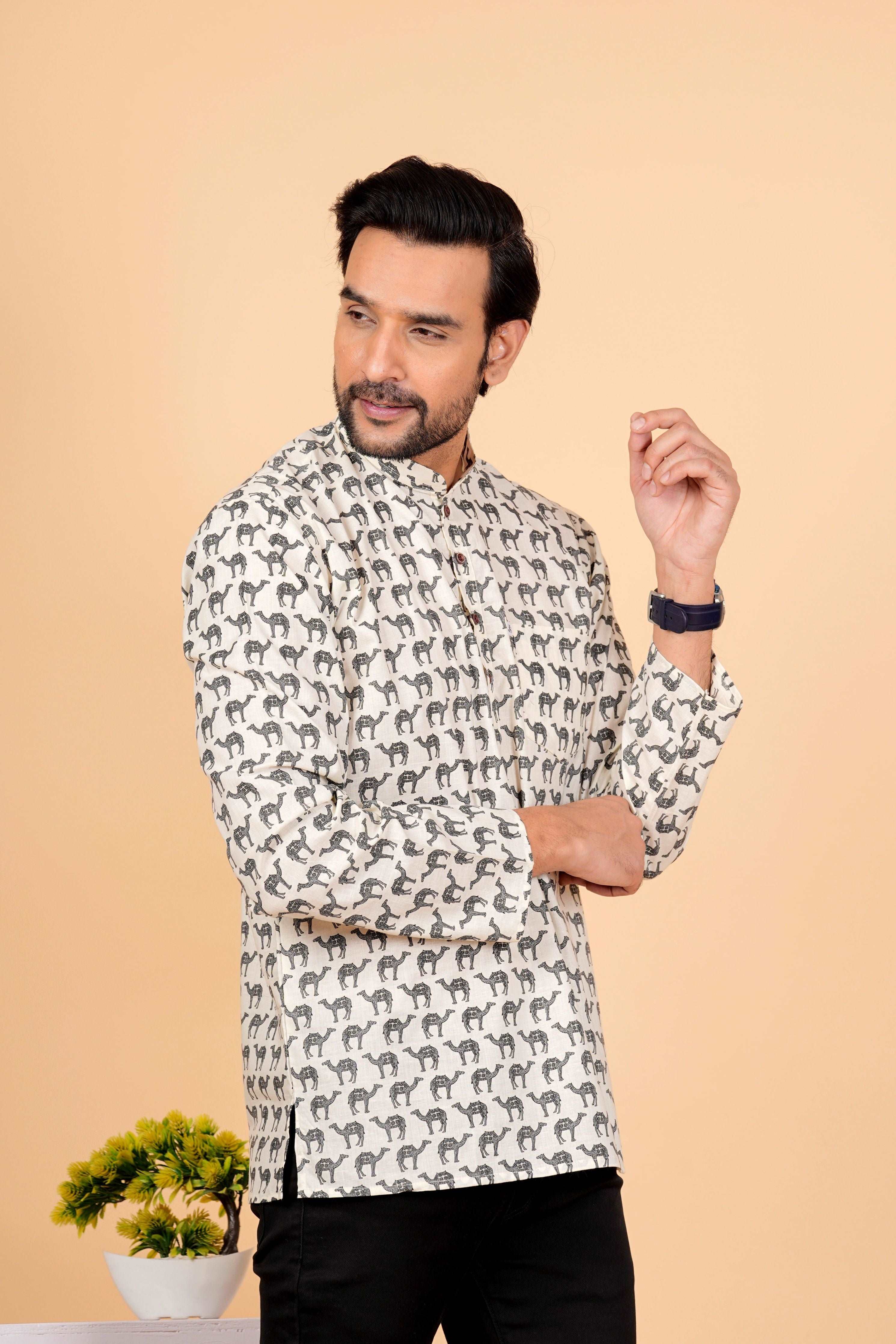 Grey Camel Printed Short Kurta For Men