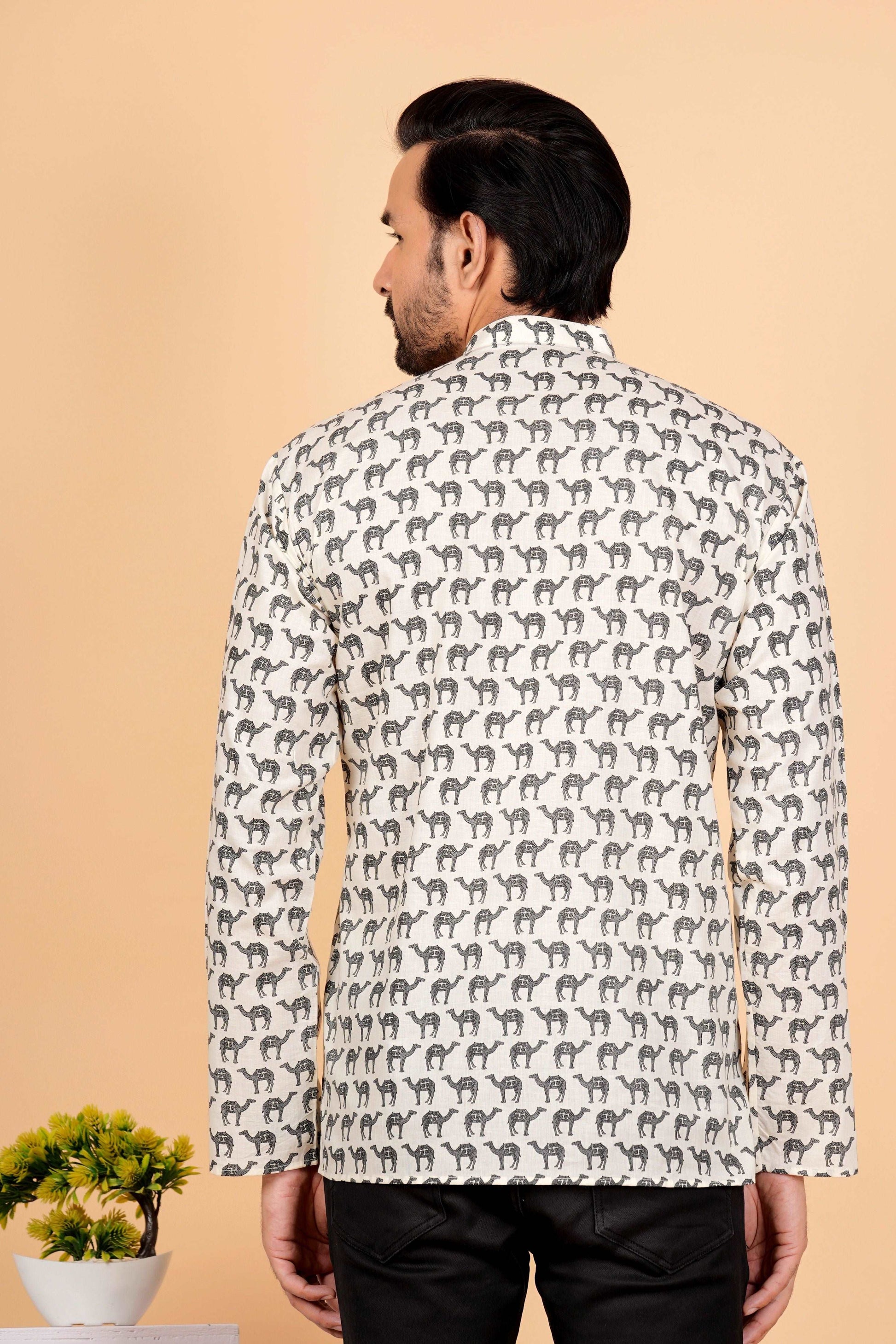 Grey Camel Printed Short Kurta For Men