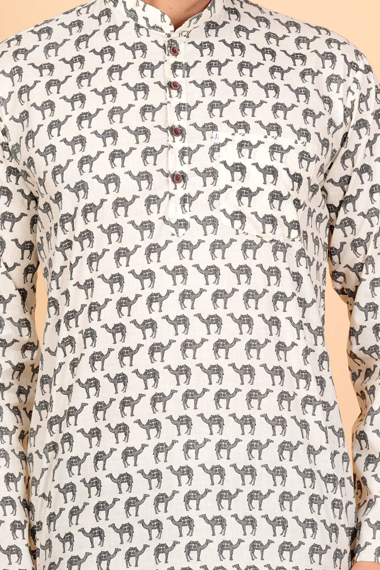 Grey Camel Printed Short Kurta For Men