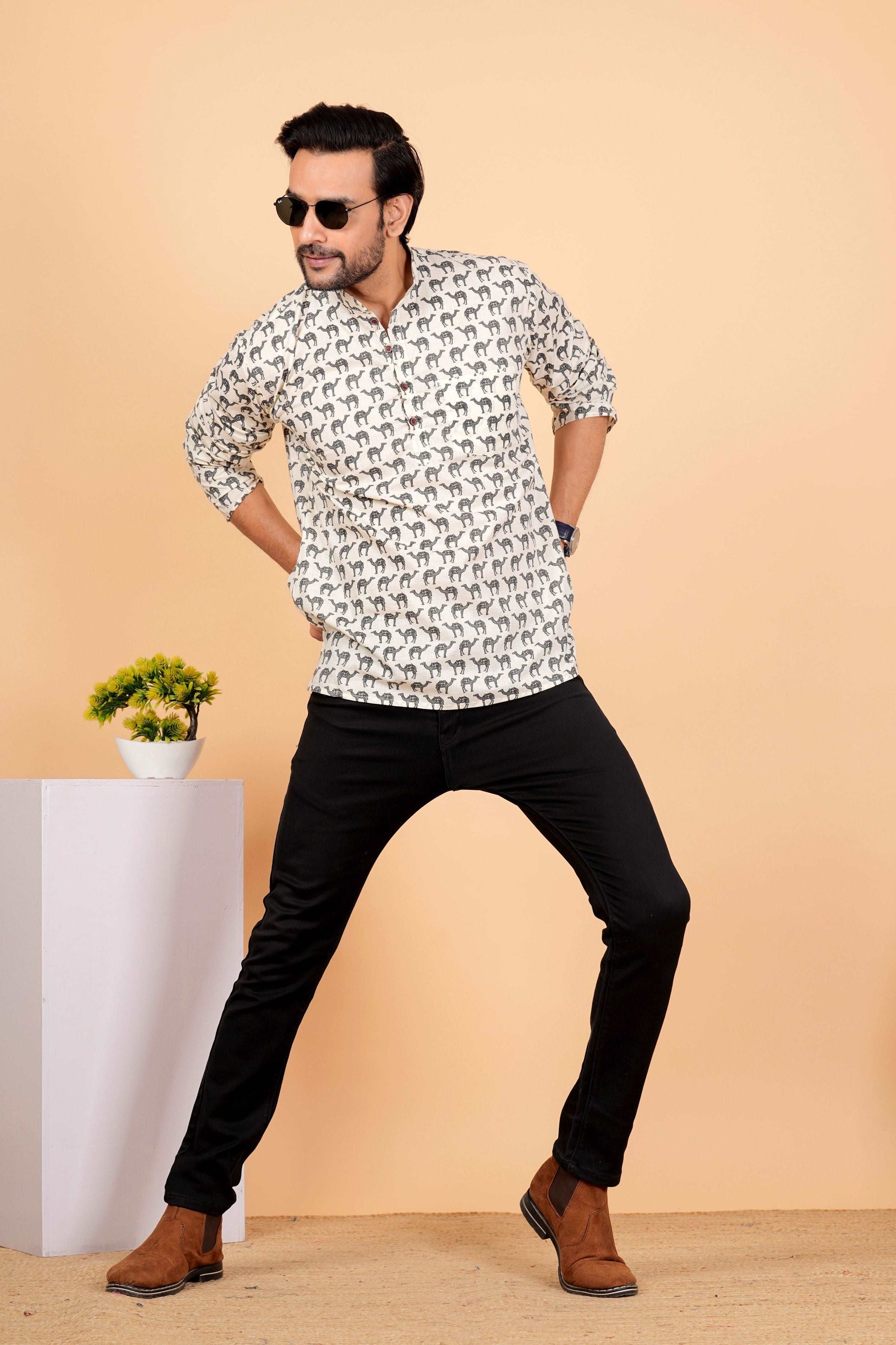 Grey Camel Printed Short Kurta For Men