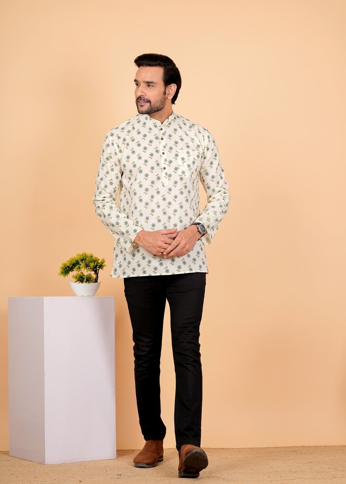 White Green Motif/booti Printed Short Kurta For Men