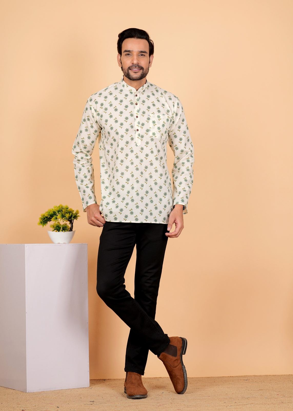 White Green Motif/booti Printed Short Kurta For Men