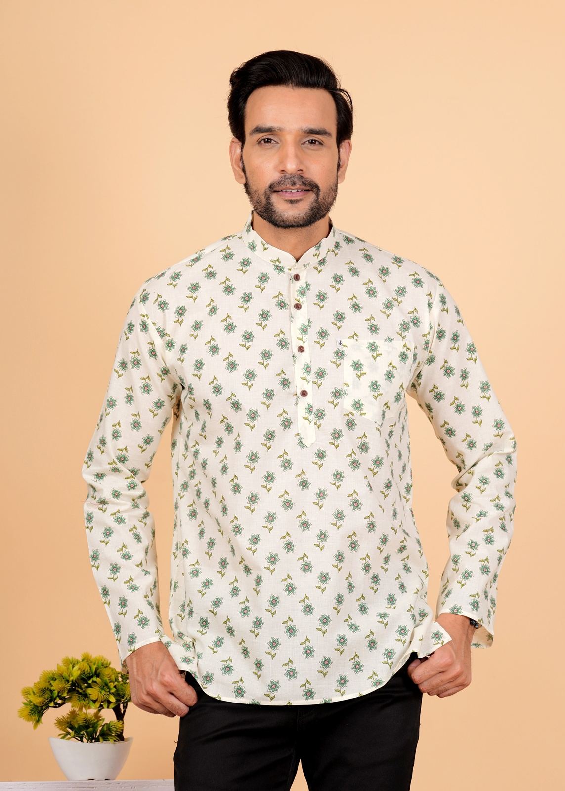 White Green Motif/booti Printed Short Kurta For Men