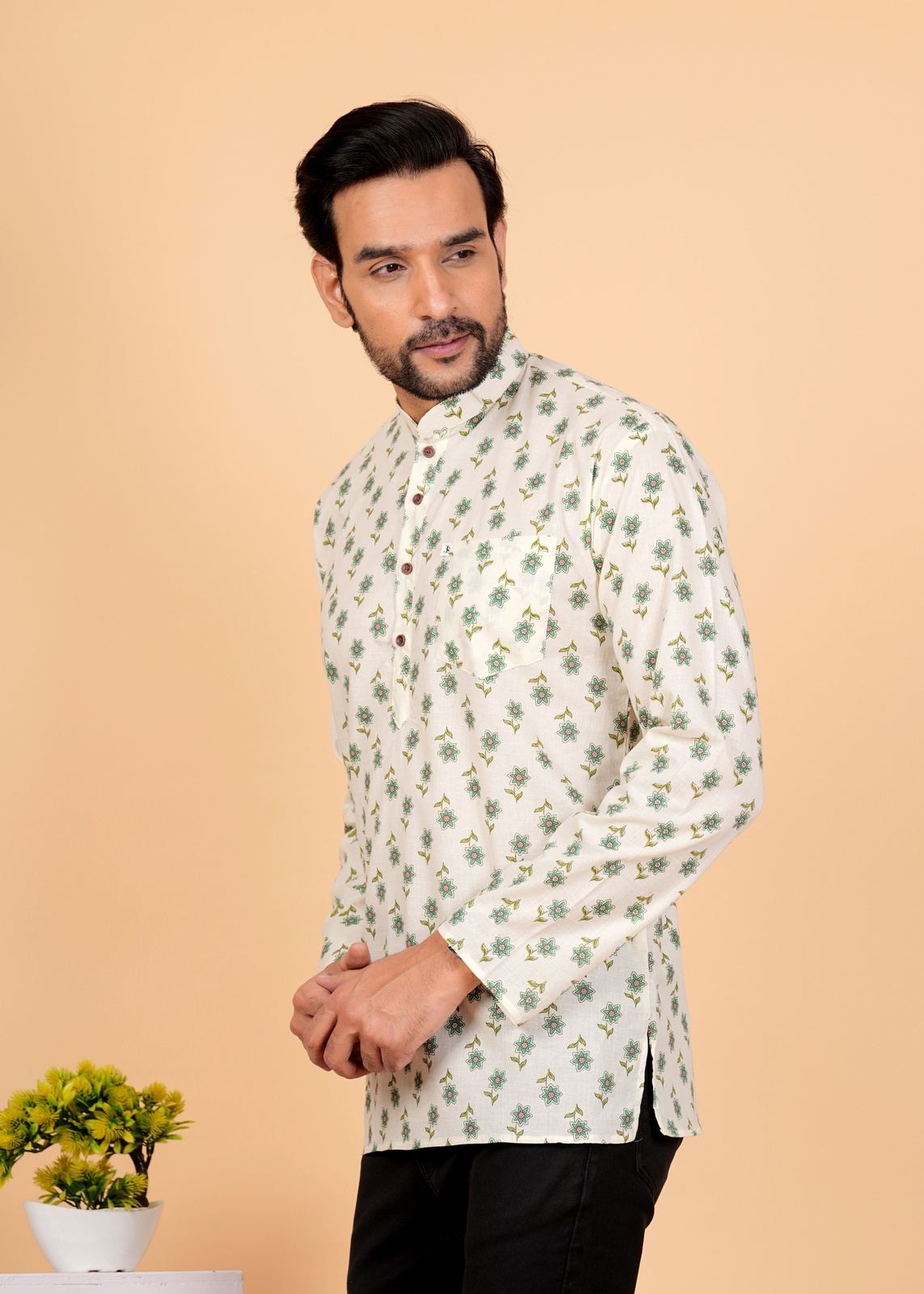 White Green Motif/booti Printed Short Kurta For Men