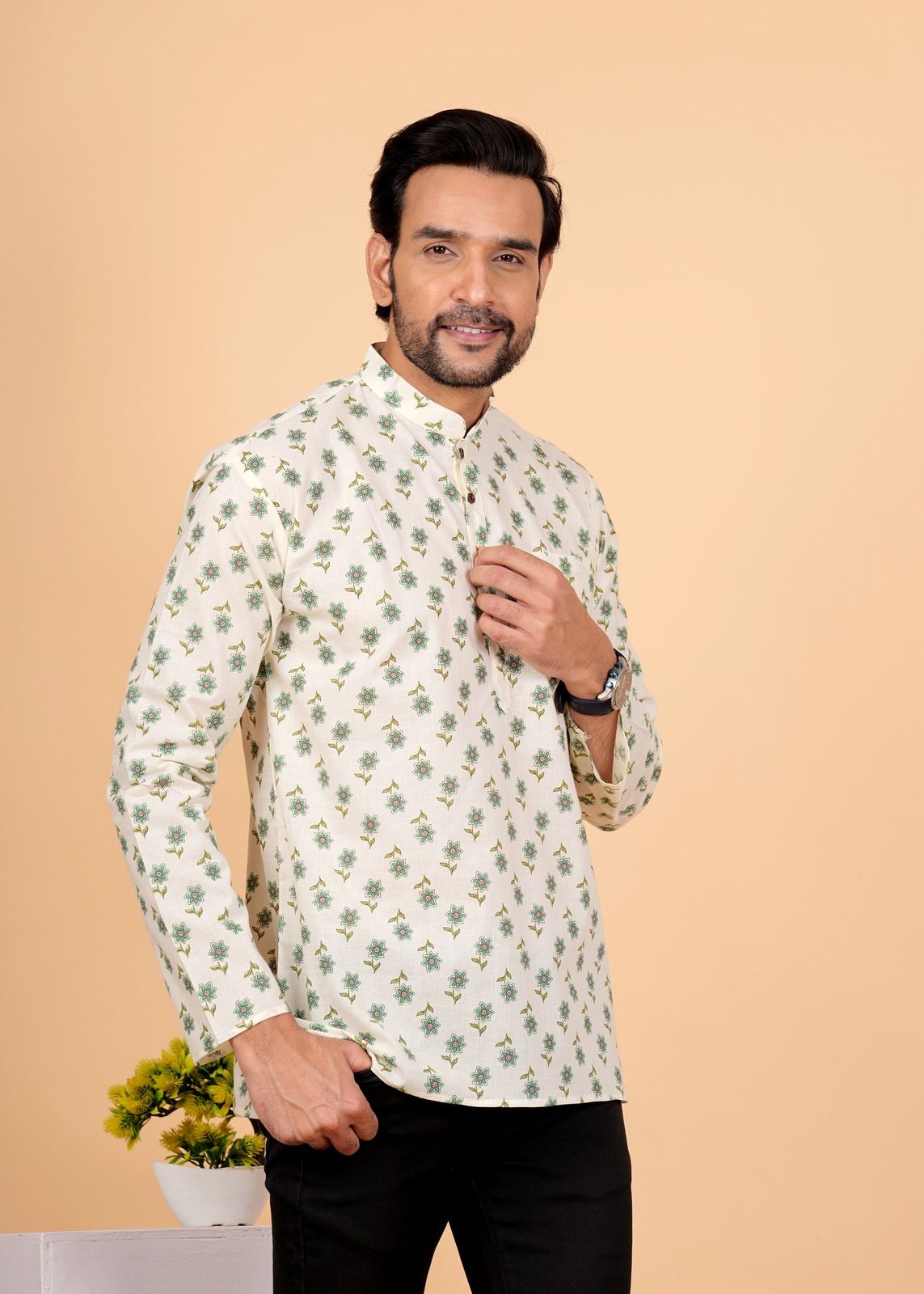 White Green Motif/booti Printed Short Kurta For Men