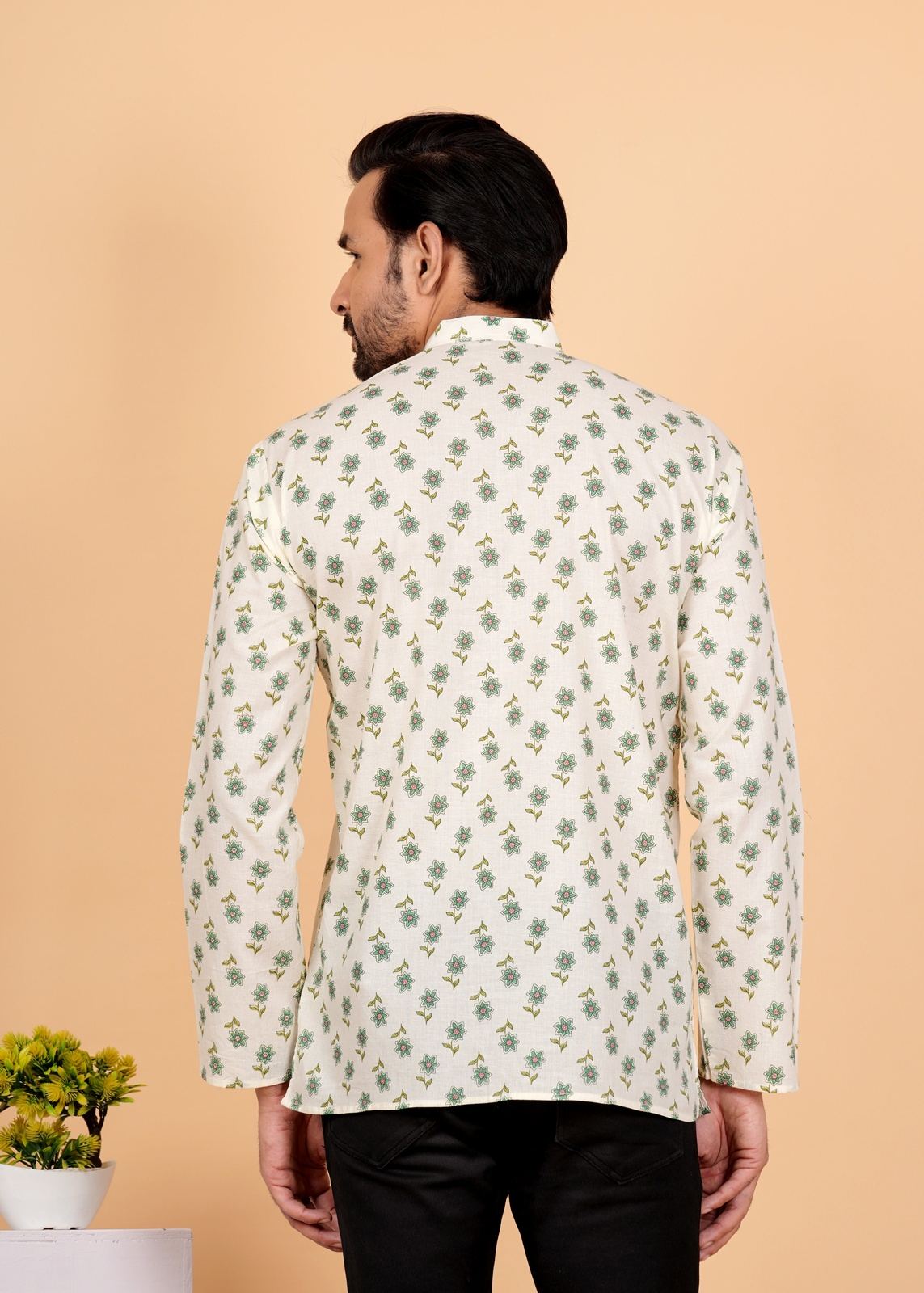 White Green Motif/booti Printed Short Kurta For Men